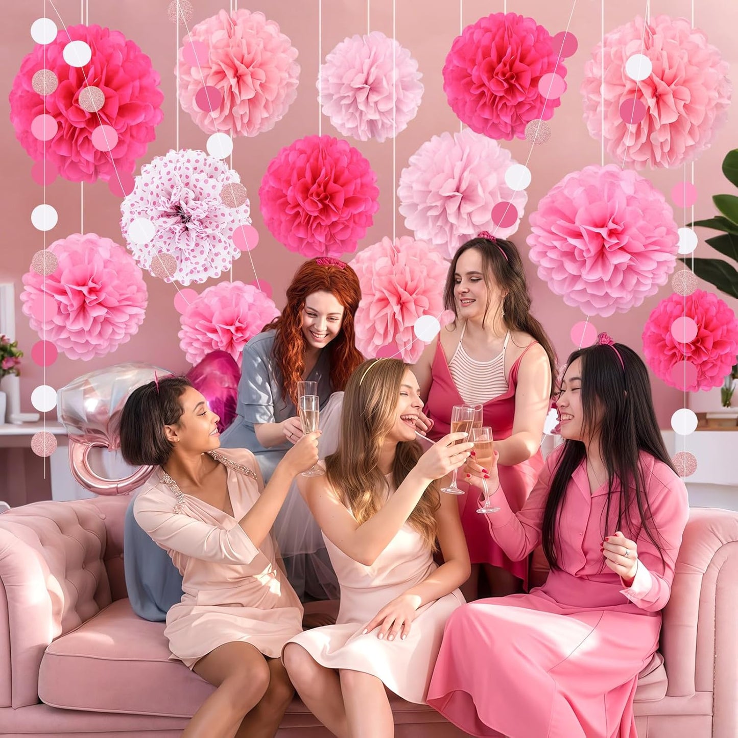 Pink Party Decorations,16 PCS Tissue Paper Pom Poms Dots Paper Garland Hanging Decoration for Pink Theme Birthday Decorations Bridal Shower Wedding Engagement Gender Reveal Celebration