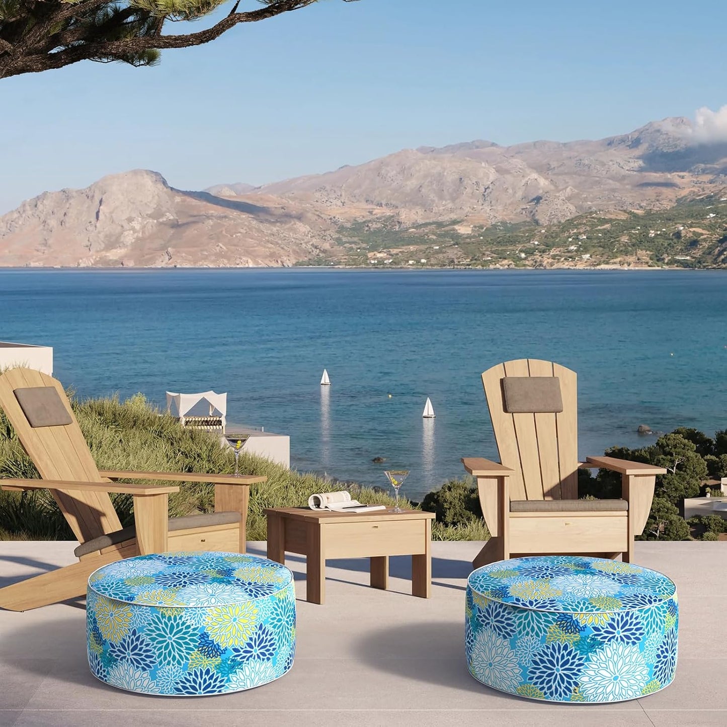 Inflatable Ottoman Stool D21 xH9 for Outdoor/Indoor Use, Water Repellent Patio Foot Rest Stool with Portable Handle,Round Pouf Ottoman Suitable for Garden,Deck and Camping - Dahlia Blue