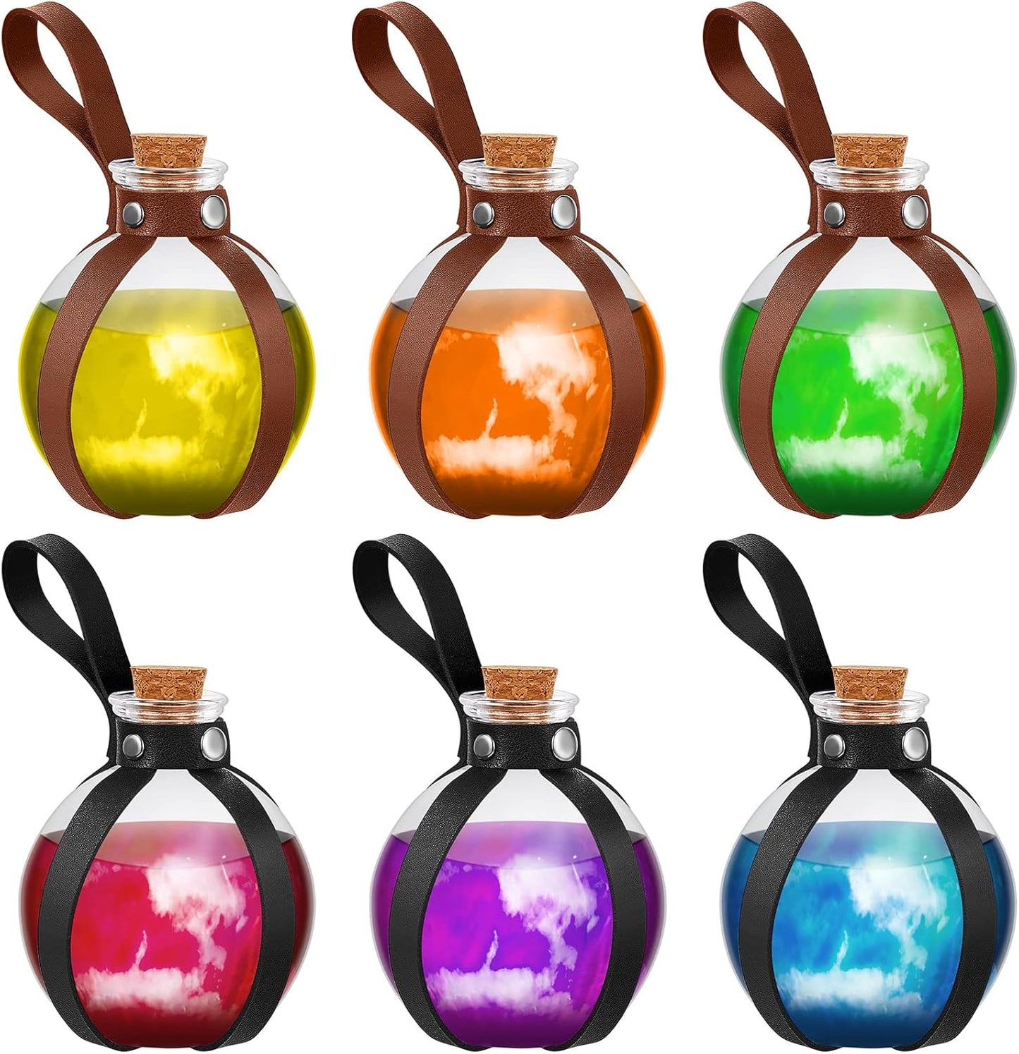 Patelai 6 Pcs Halloween Glass Potion Bottles with Belt Cork Renaissance Witch Costume Accessories Witch Props Potion Bottle for Halloween Party Decor Cosplay DIY Crafts Gift (Black,Brown)