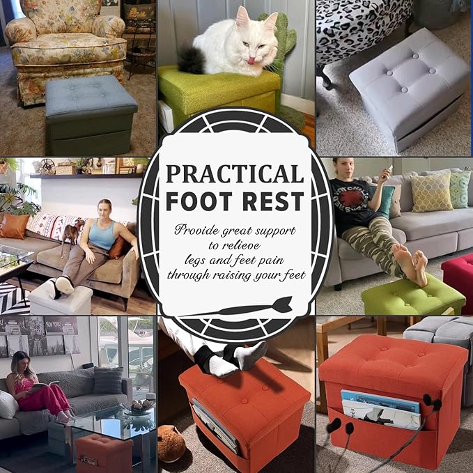 LINMAGCO Storage Ottoman Folding Foot Stool Foot Rest with Side Pocket Modern Ottoman with Storage Short Sofa Stool Linen Cloth 17x13x13(Navy)