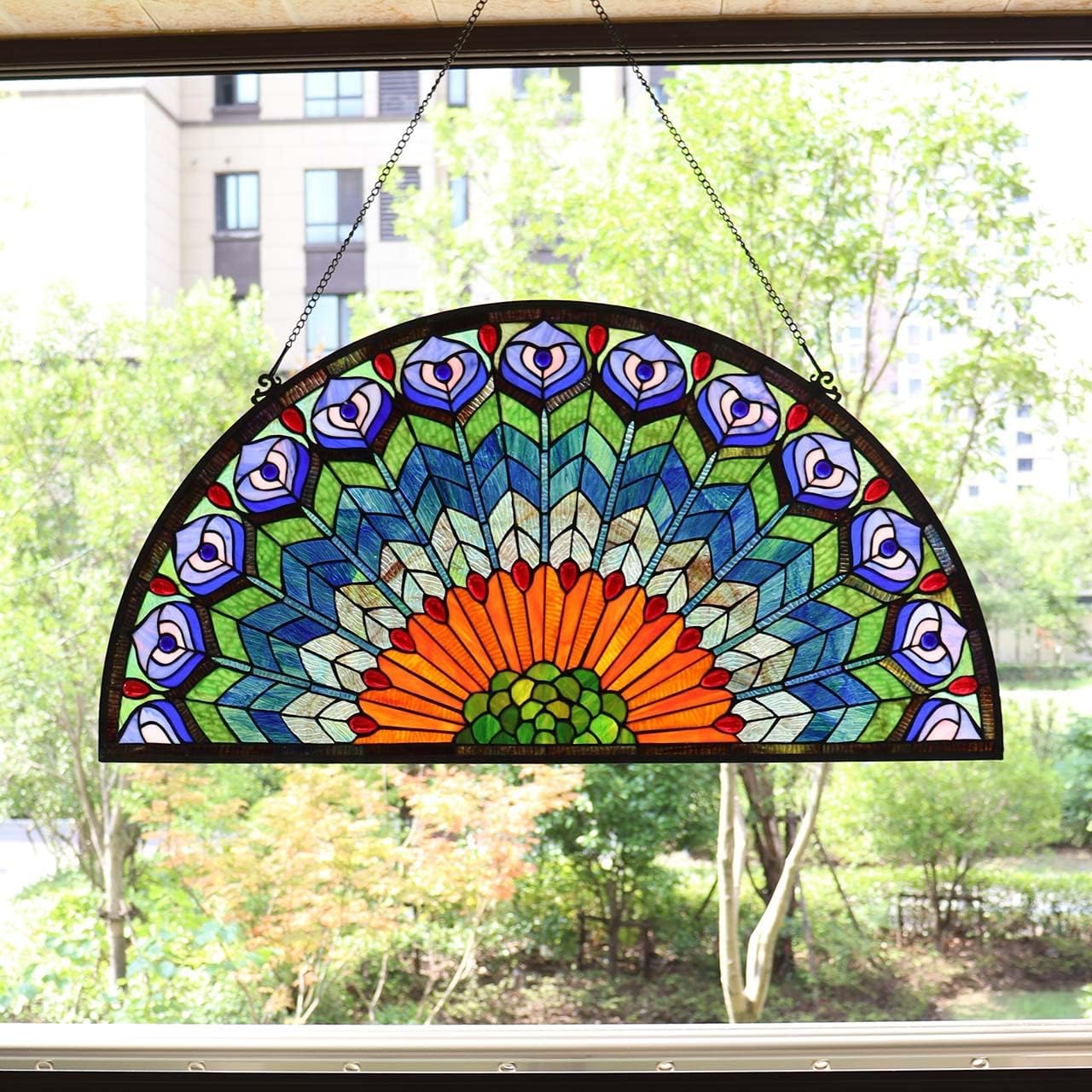 Bieye W10034 Peacock Feather Tiffany Style Stained Glass Window Panel Hangings with Chain, 36 inches Wide Half Round Shape