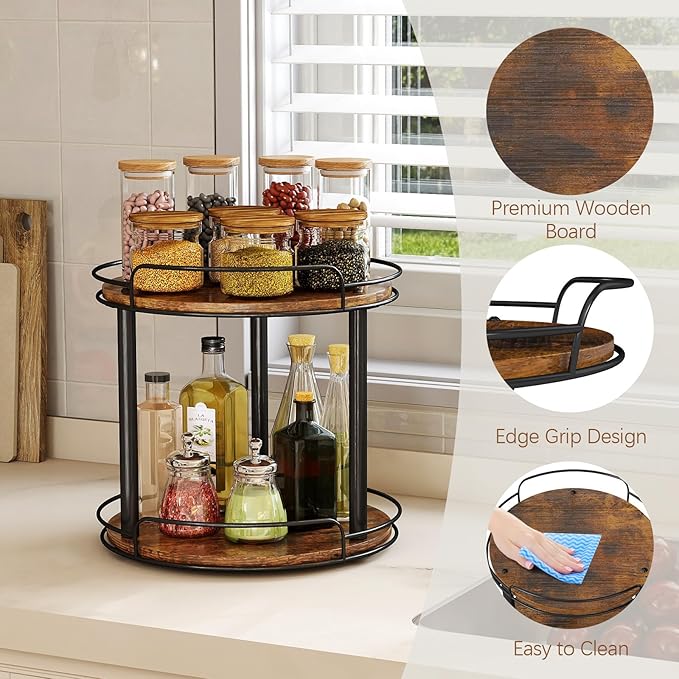LAMU 12.2'' Wood Lazy Susan Turntable Organizer for Cabinet, 2 Tier Lazy Susan Spice Rack Organizer for Kitchen, Table Top, Countertop, Pantry, Bathroom