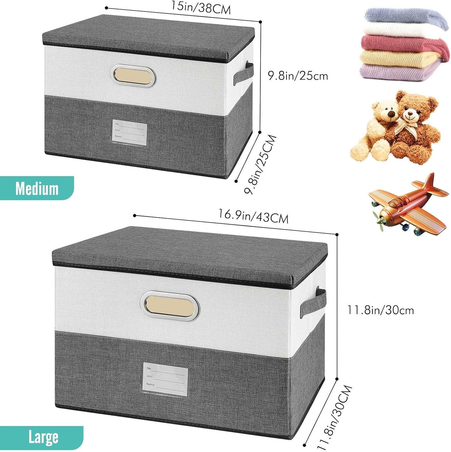 Large Linen Fabric Foldable Storage Bins with Removable Lid and Handles, Washable Storage Box Organizer Containers Baskets Cube with Cover for Bedroom,Office (Black&White, Medium(2-Pack))