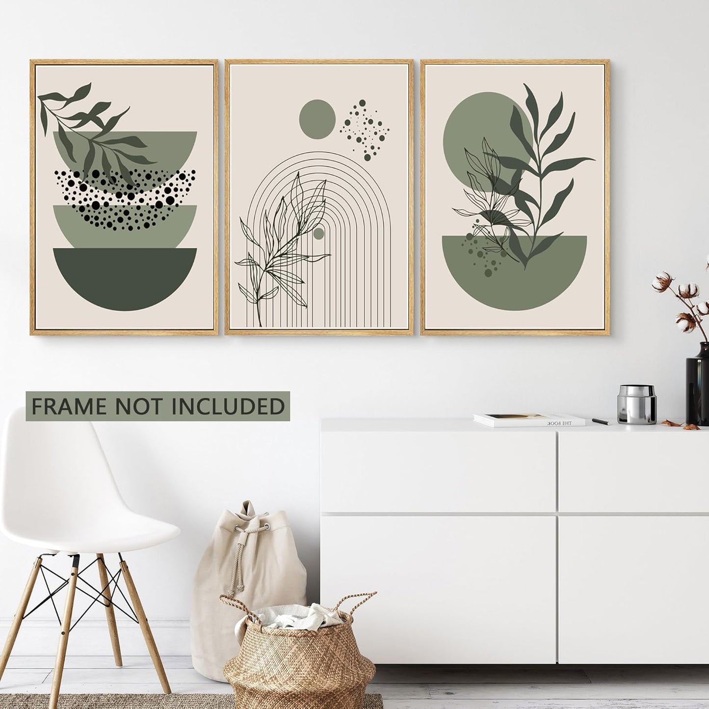 Sage Green Boho Wall Art Set of 3 Abstract Minimalist Geometric Line Poster Green Botanical Leaf Canvas Prints Modern Artwork Painting Decor for Living Room Bedroom Office 16x24 in Unframed