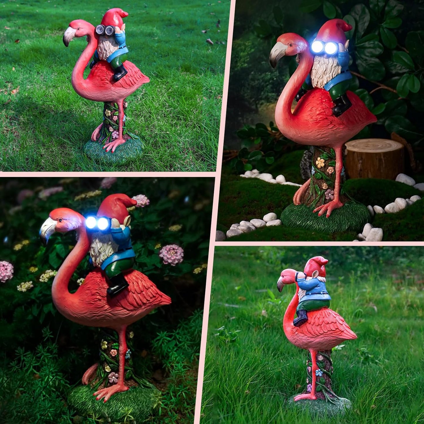 Solar Flamingo Gnome Garden Decor Statue, Outdoor Funny Solar Light Decoration for Yard, Patio, Lawn, Unique Housewarming, Birthday Gift for Women, Mom, Grandma
