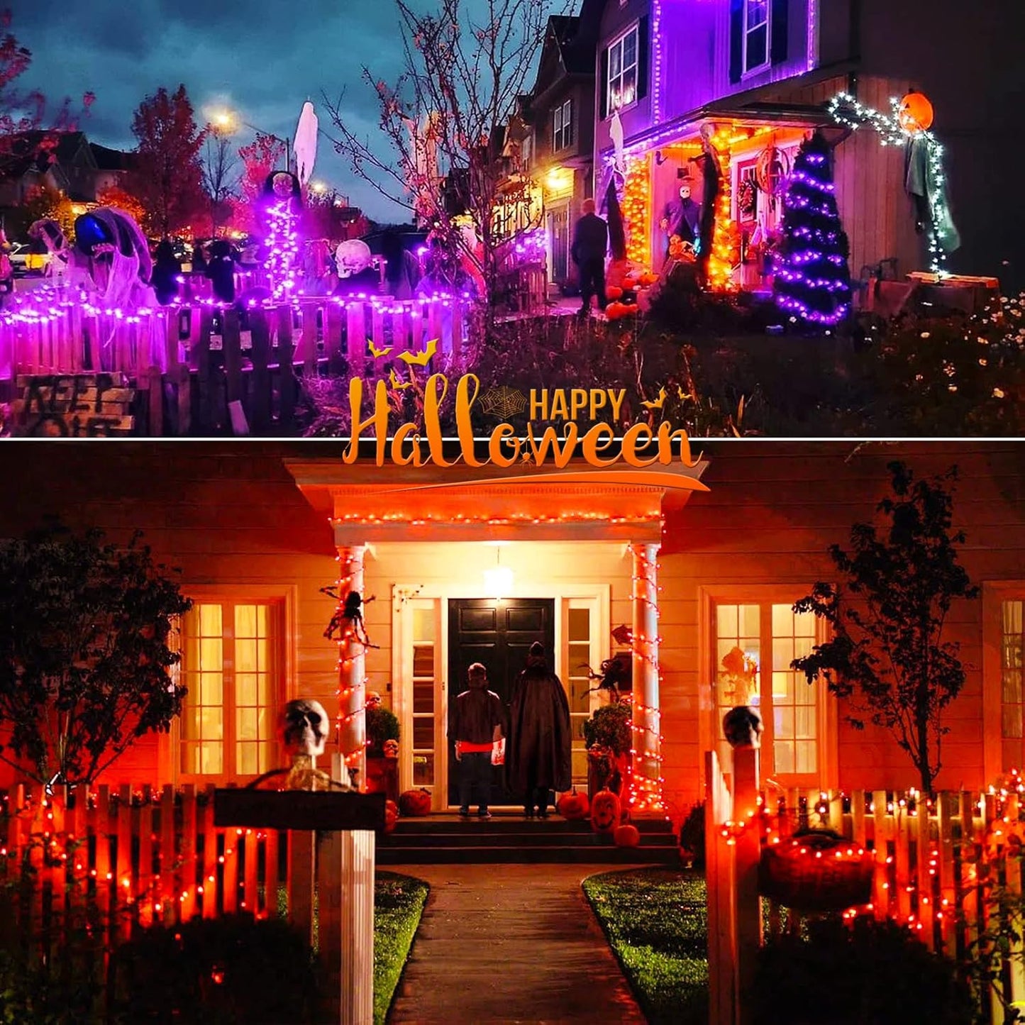 JMEXSUSS 2 Pack Purple and Orange Solar Christmas Lights, Total 400 LED 151FT Color Changing Solar String Lights Outdoor Waterproof for Outside Patio Yard Tree Halloween Christmas Decorations