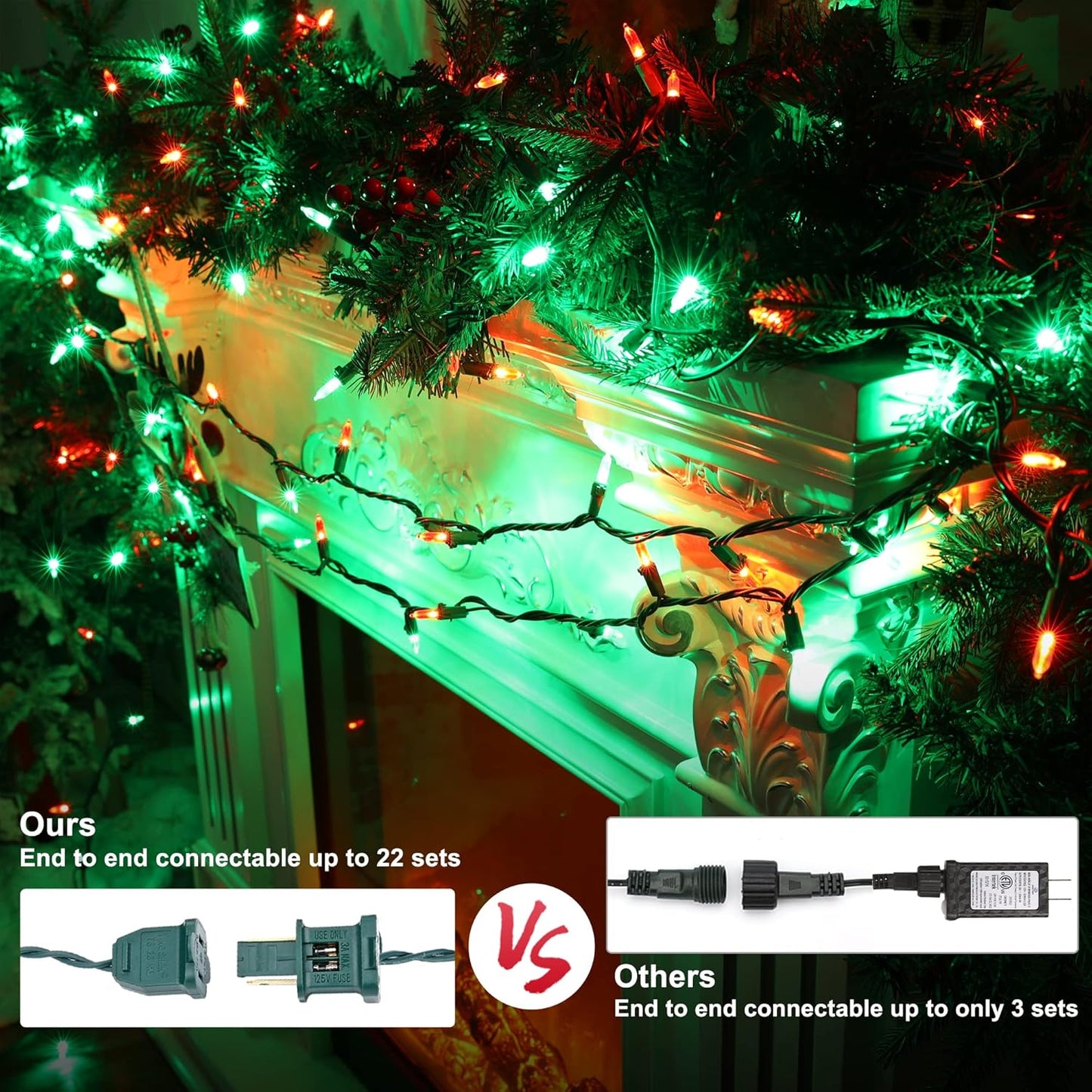 Brizled Red & Green Christmas Lights, 33ft 100 LED Christmas String Lights, 120V UL Certificated Xmas Tree Light Connectable, Mini Xmas Light Set Indoor Outdoor for Holiday Tree Party Home Decor