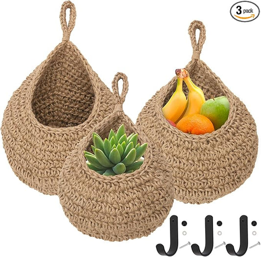 3 Pack Hanging Wall Basket with Hook, 3 Size Wall Hanging Fruit Baskets, Hanging Baskets for Organizing, Hanging Fruit Baskets for Kitchen, Restaurant, Coffee Shop, Party and Garden Decor
