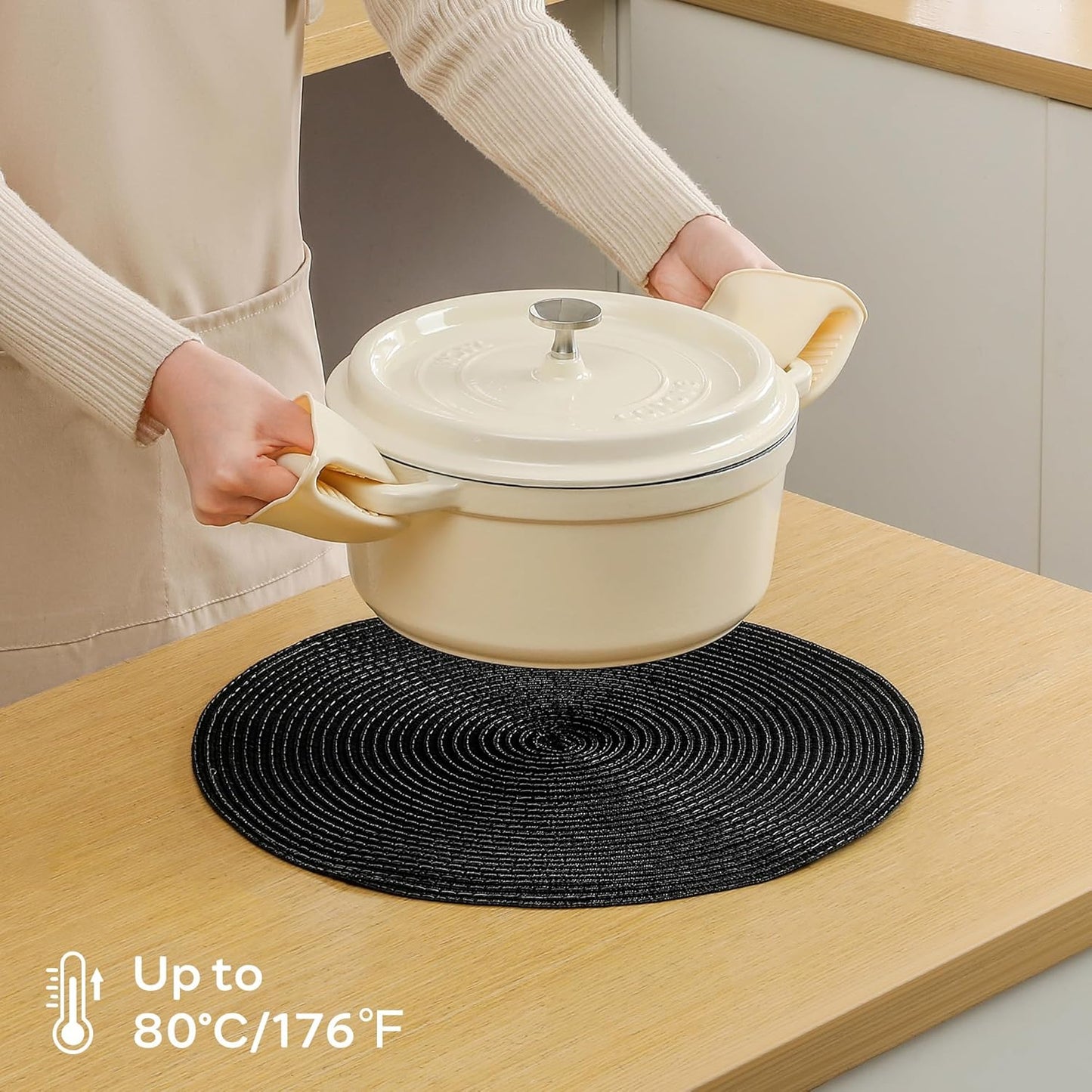 Leetaltree Round Placemats Heat and Slip Resistant Cotton Table Mats, Washable Bohemian Placemats for Dining Tables (Black, Set of 12)