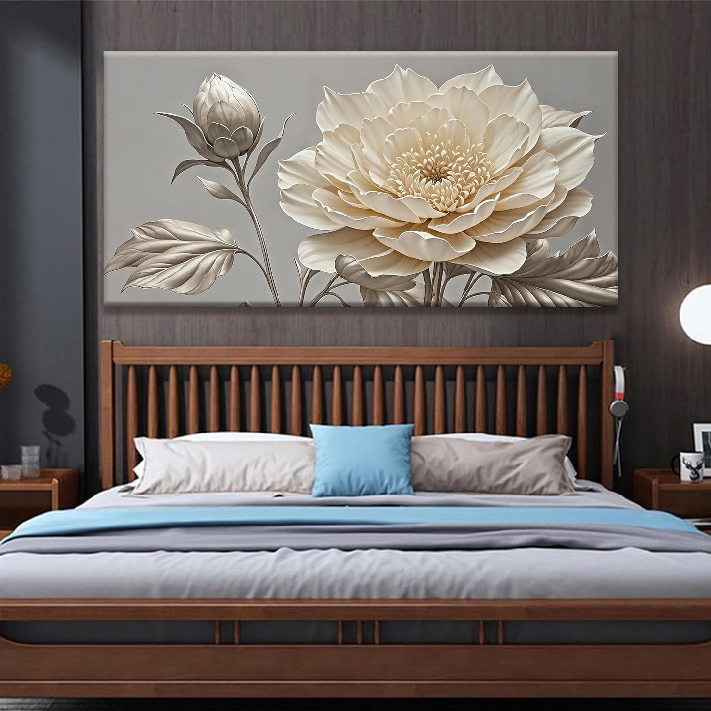 QSQ Large Wall Art Living Room Home Wall Decor Modern Canvas Art Wall Decor 29 X 58 Inches White Flower Wall Art Painting Print Elegant Silver White Flower Picture For Bedroom Office Artwork