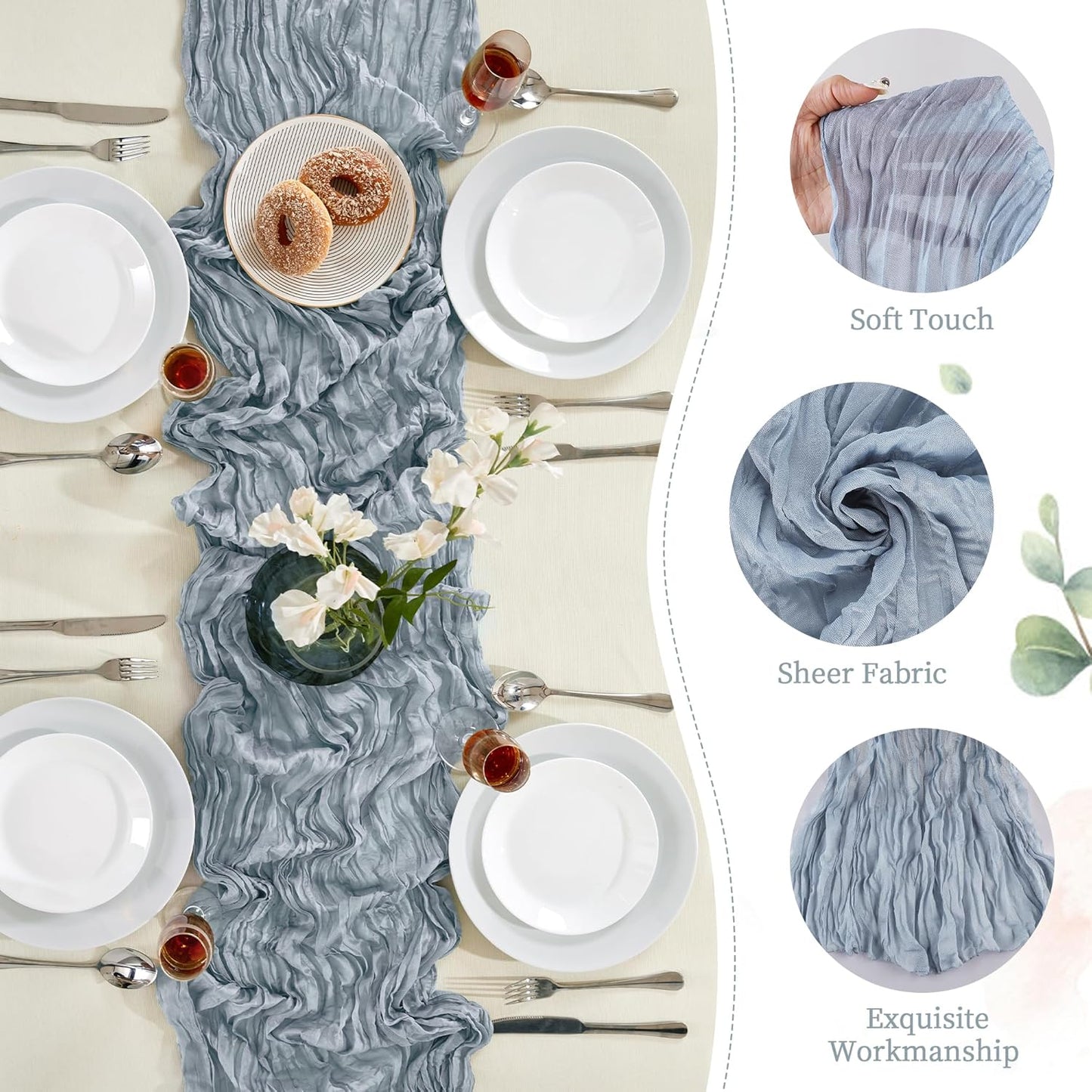 24 Pack Dusty Blue Cheesecloth Table Runner 10FT Long Boho Gauze Table Runner Rustic Sheer Runner for Wedding Bridal Baby Shower Birthday Party Table Decor Thanksgiving Christmas Decorations