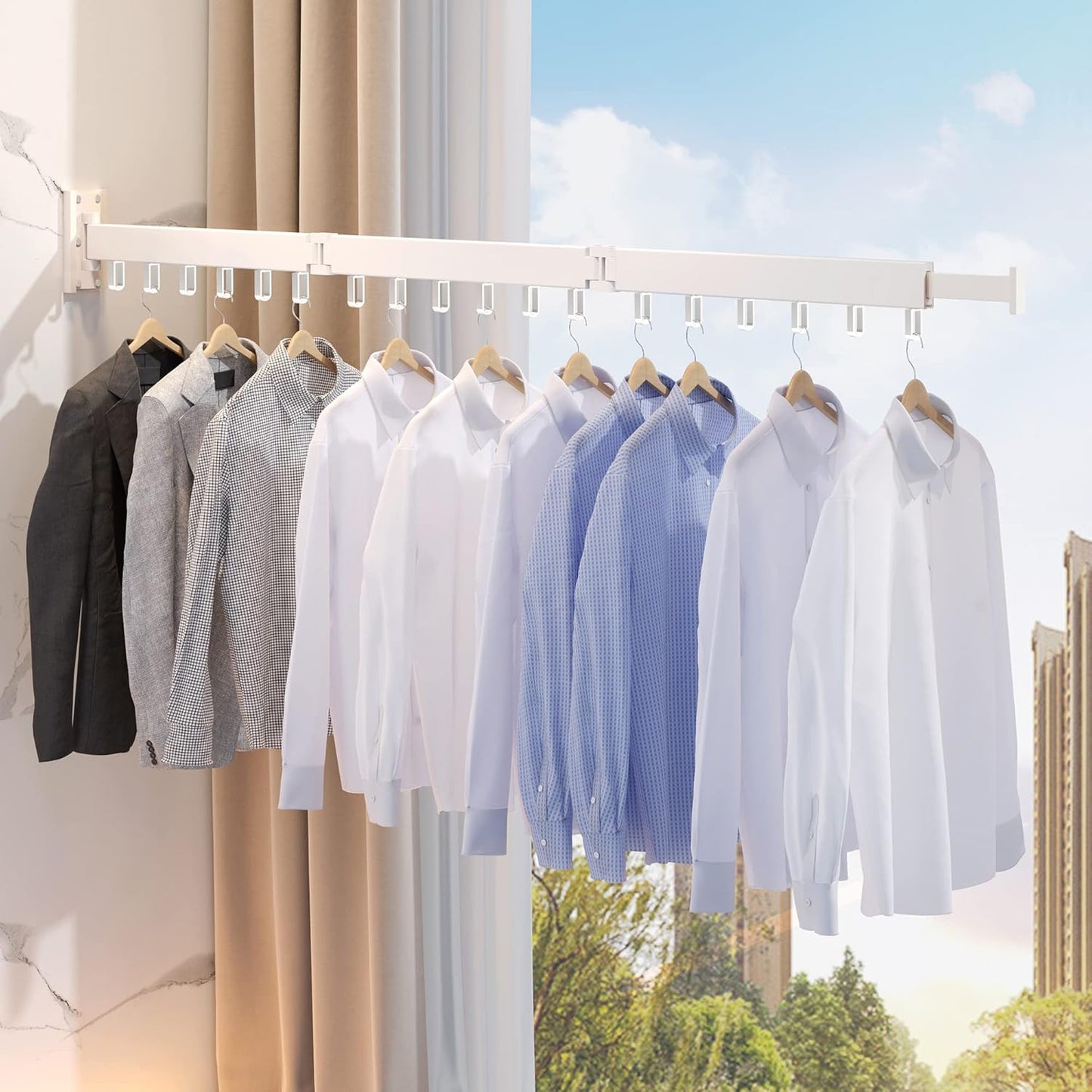 Clothes Drying Rack Wall Mounted,Drying Rack Clothing,Clothes Hanging Rack,Retractable,Collapsible(Tri-Fold), White Color(Ring)