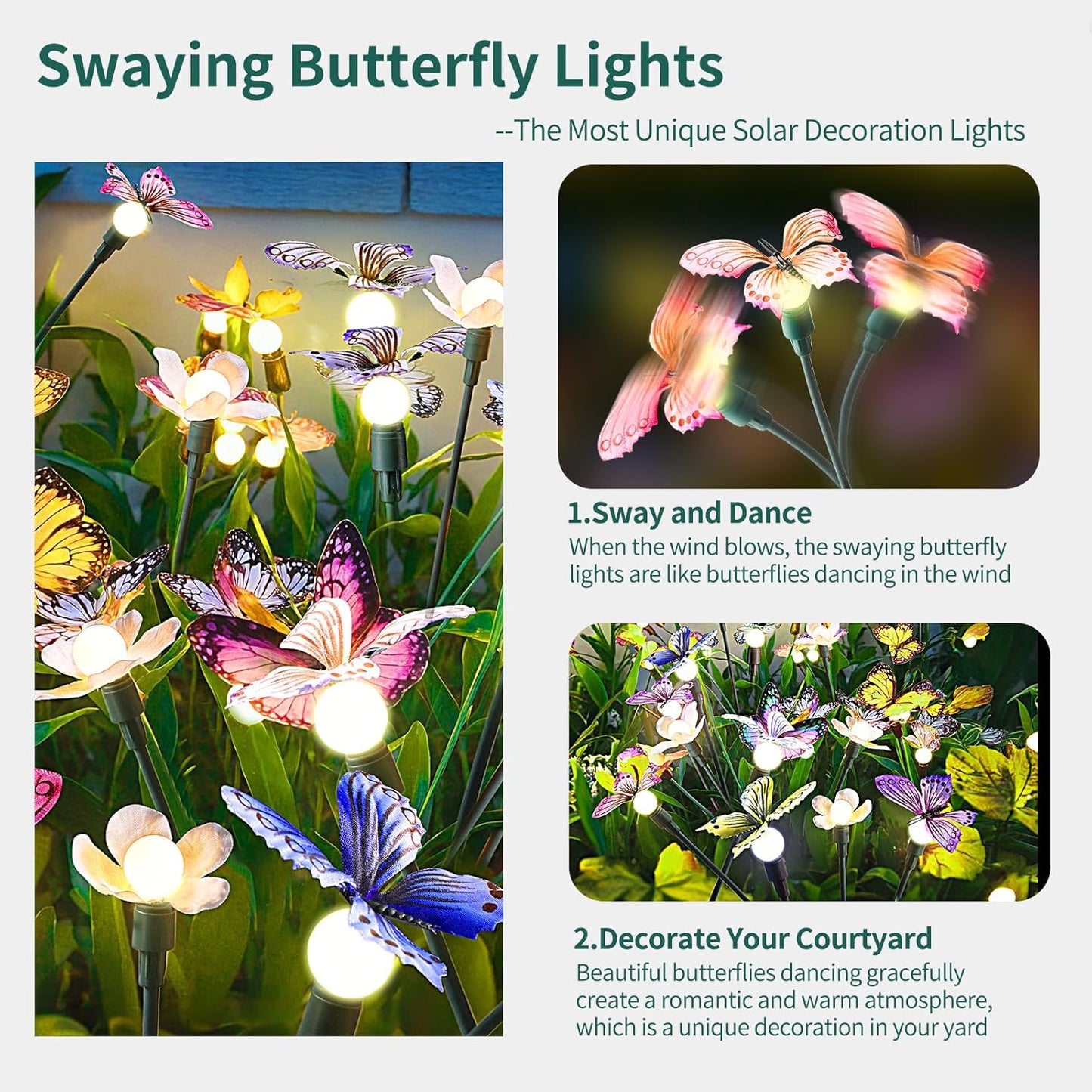 Solar Garden Lights,4packs-32LED Outdoor Solar Powered Decor for Yard, Patio, Pathway, IP65 Waterproof Butterfly Lights