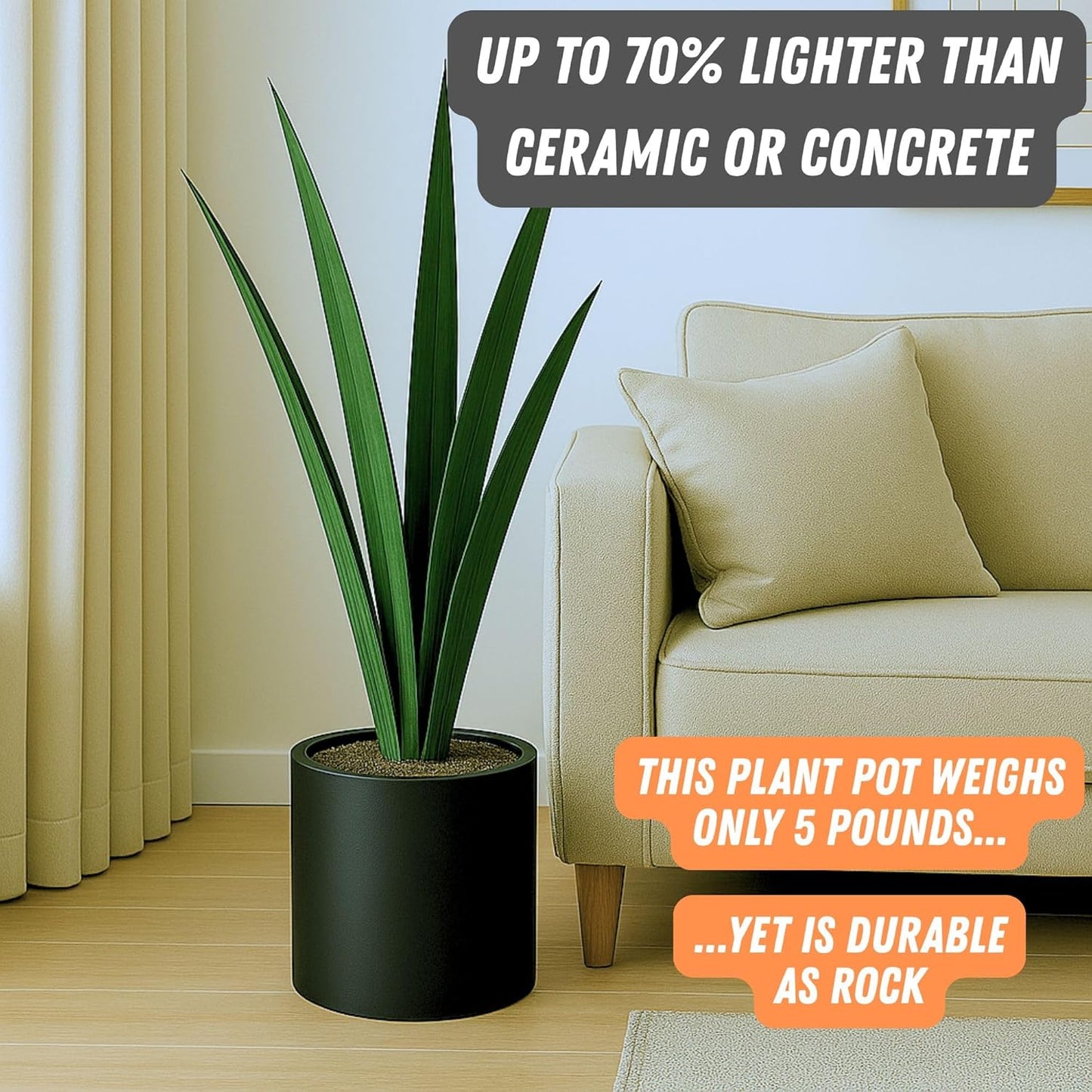 Fox & Fern 10 Inch Black Plant Pot with Drainage Plug — Premium Lightweight Fiberstone Matte Black Planter; 10 Inch Pots for Plants; for Indoor & Outdoor Use; Weather Resistant & UV Resistant