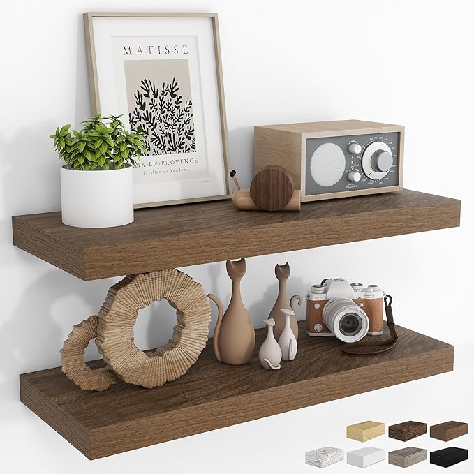 RICHFOCUS 31.5Inch Floating Shelves for Wall 2 Pack Shelves for Bedroom|Kitchen|Bathroom Wall Mounted Rustic Wood Floating Shelf with Invisible Brackets for Books|Storage|Decor, Walnut
