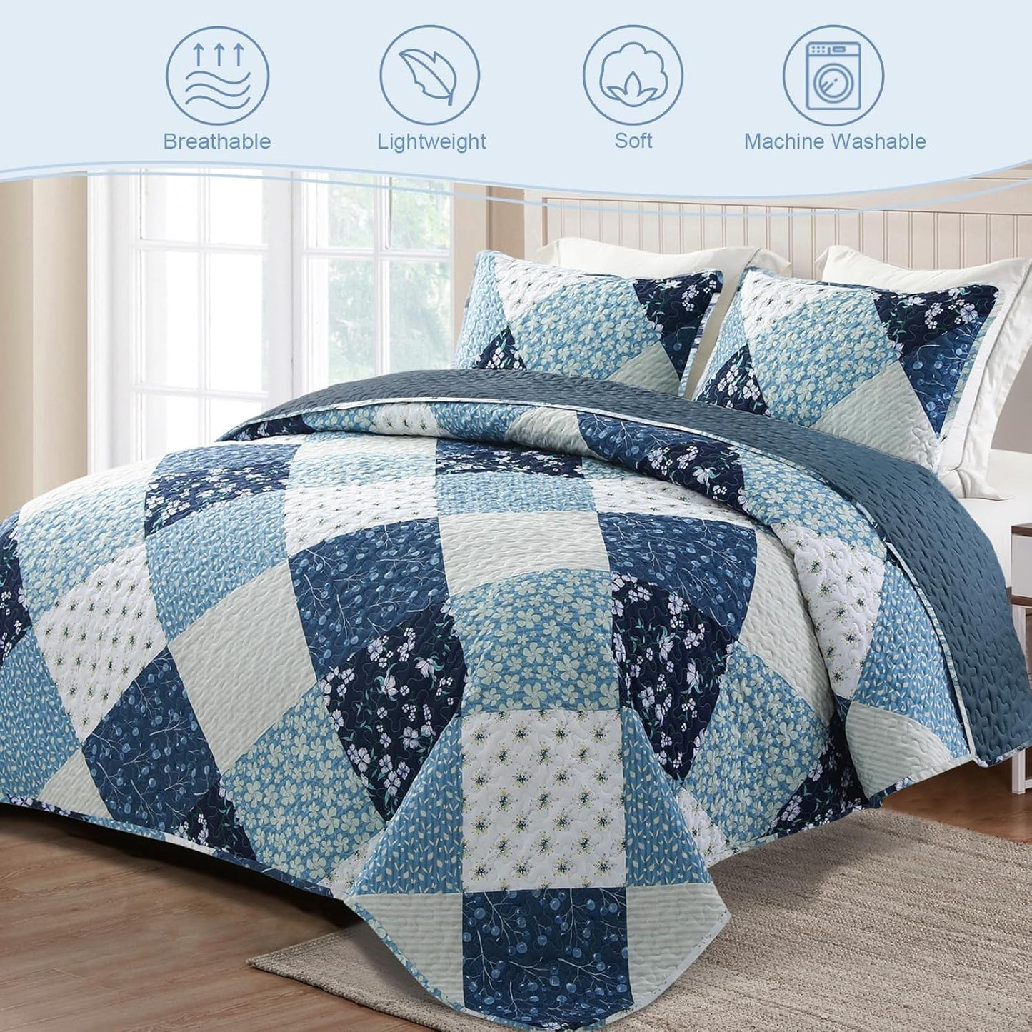 Exclusivo Mezcla Reversible Boho Quilt Set King Size, 3 Pieces Patchwork Blue All Season Bedspreads, Ultra Soft Floral Coverlet Bedding Set with Printed Pattern (1 Quilt, 2 Pillow Shams)