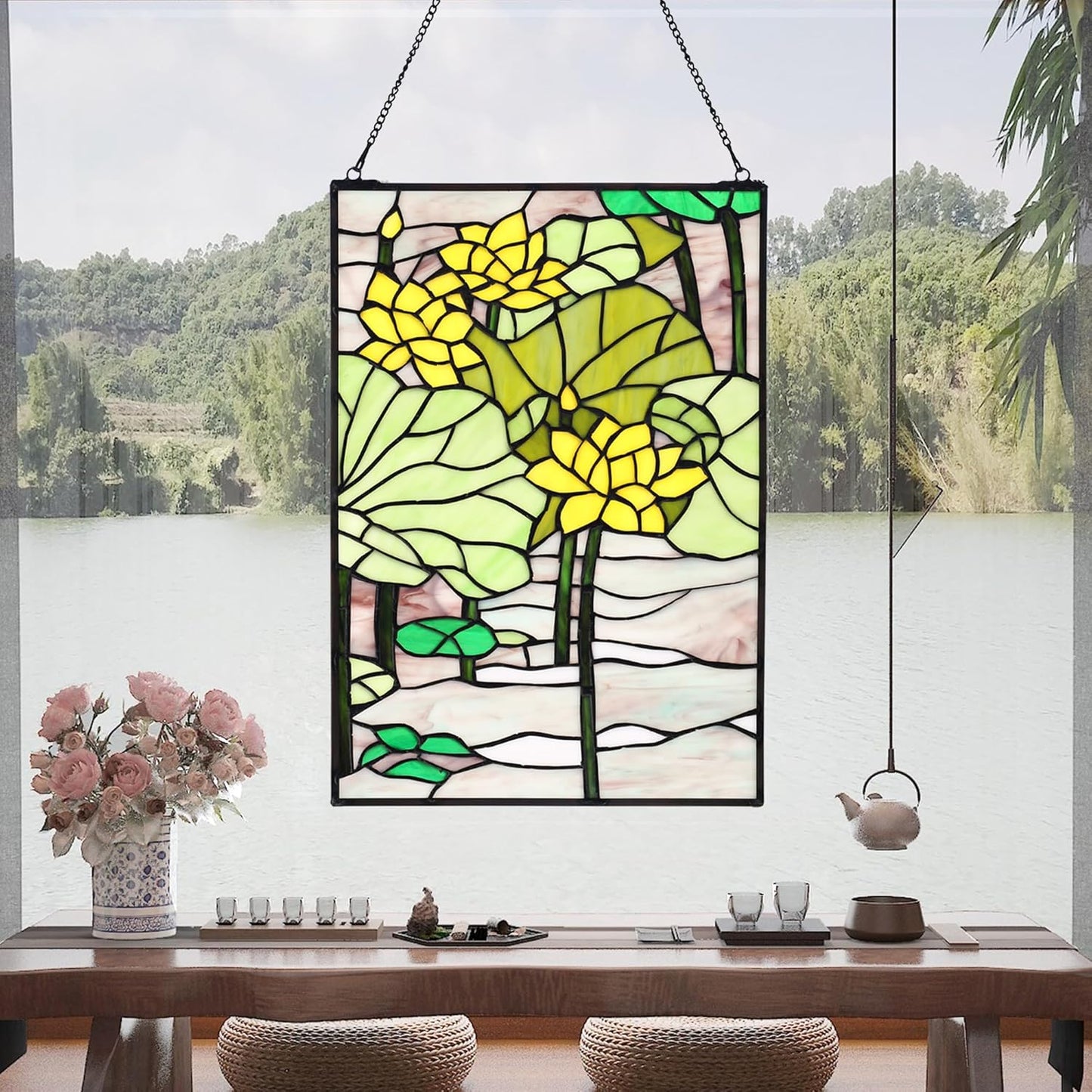 YOURANJU Stained Glass Window Hanging 16" H x 11" W Tiffany Style Rectangular Window Panel Suitable for Living Room Bedroom Kitchen Window Decoration Hangings with Chain (Lotus)