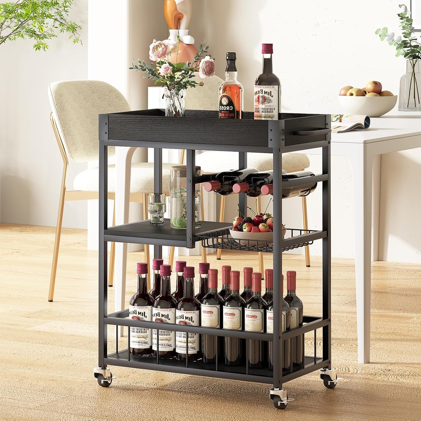 Bar Cart with Basket 3 Tiers Home Rolling Wine Rack with Wheels Mobile Kitchen Industrial Vintage Style Wood Metal Serving Trolley Serving Cart,Black Frame Home Kitchen Shelf for Party