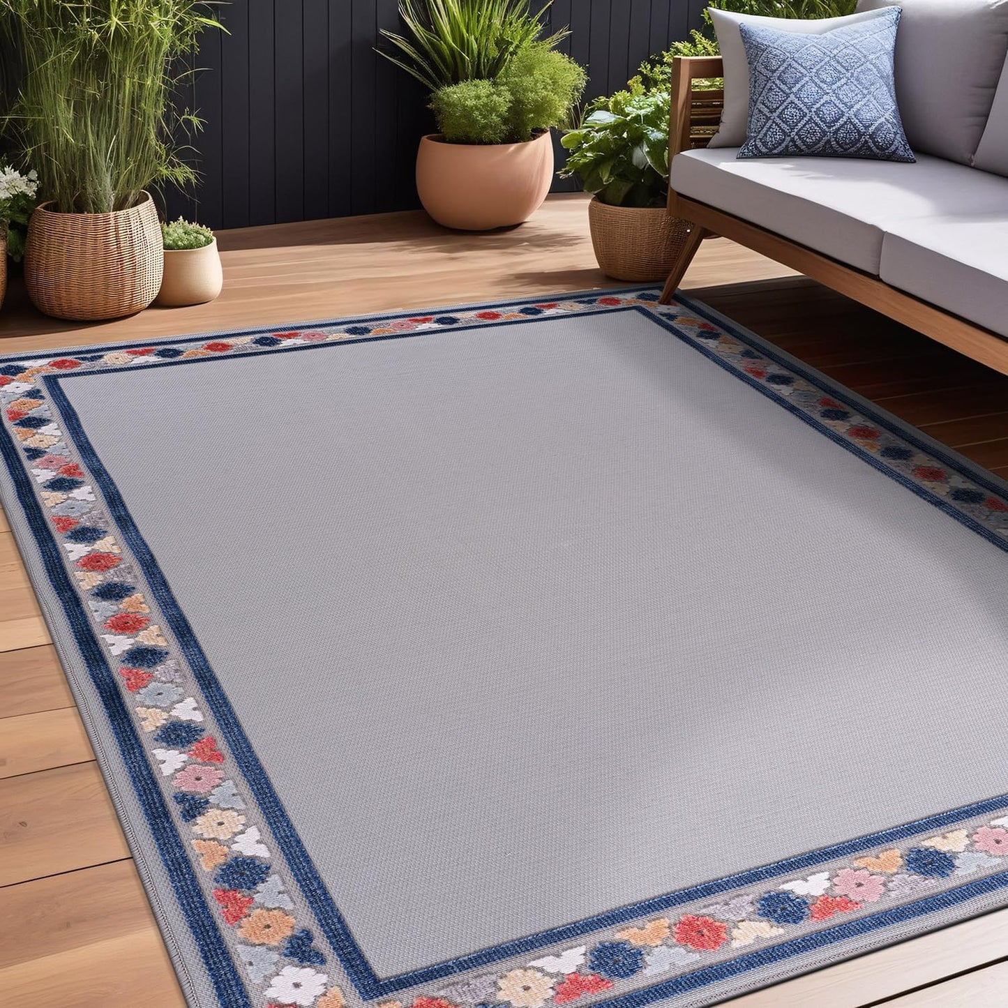 Beverly Rug Outdoor Rug 5x7 Modern Bordered Area Rugs for Indoor and Outdoor Patio Easy to Clean Non Shedding Living Room Porch Garden Washable Outside Carpet (5 x 7 Gray)