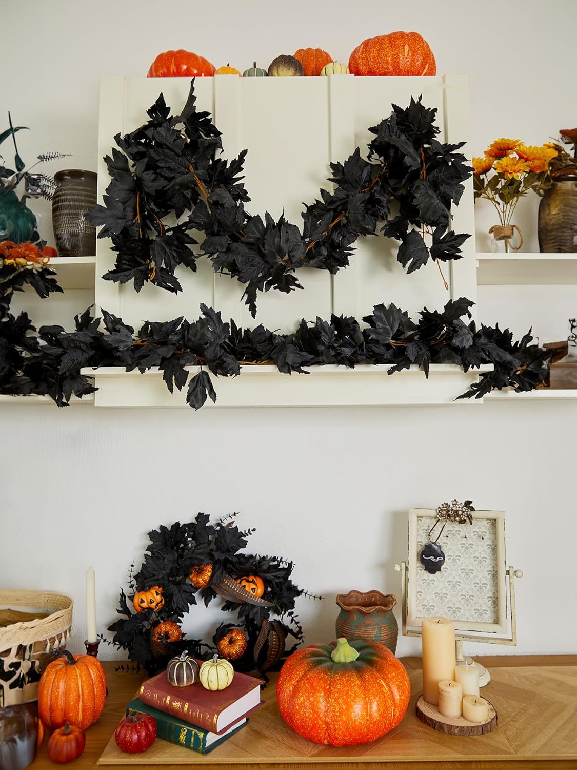 PARTY JOY Black Artificial Maple Leaf Garland - 6PCS 5.6Ft Halloween Decor, Gothic Fall Vines for Front Porch, Thanksgiving Autumn Table Centerpiece & Wall Hanging