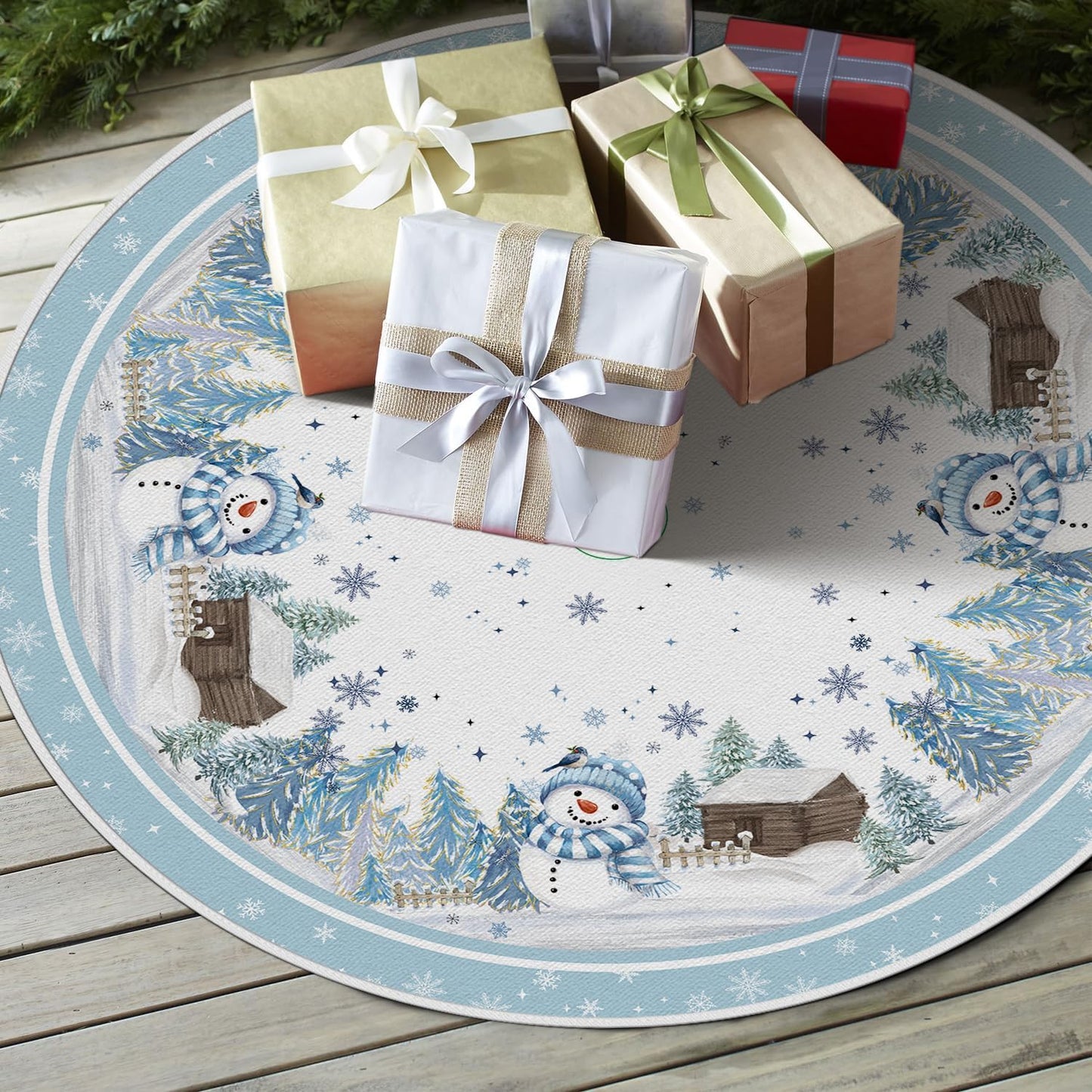 AVOIN colorlife Snowflake Snowman Cardinal Christmas Tree Skirt 48 Inch, Winter Holiday Tree Mat Decoration