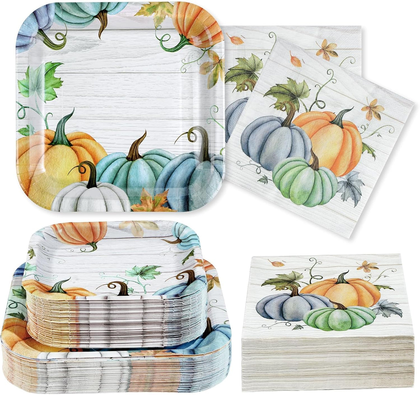 Grencian 200Pcs Fall Plates and Napkins Square Blue Pumpkins Plate Thanksgiving Paper Plates Pumpkin Wood Grain Dinnerware for Baby Shower Fall Harvest Family Thanksgiving Party Decorations, Serves 50
