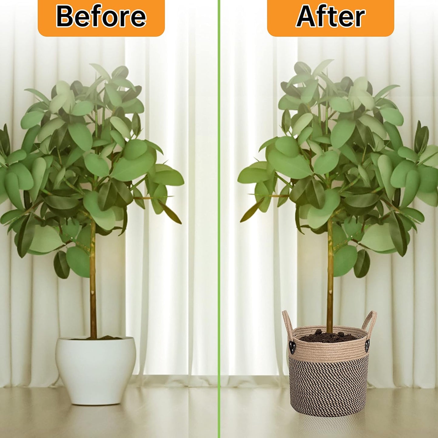 Jute Rope Basket - 10"x10" Woven Plant Pot Holder with Handles, Boho Indoor/Outdoor Planter Cover, Multifunctional Storage