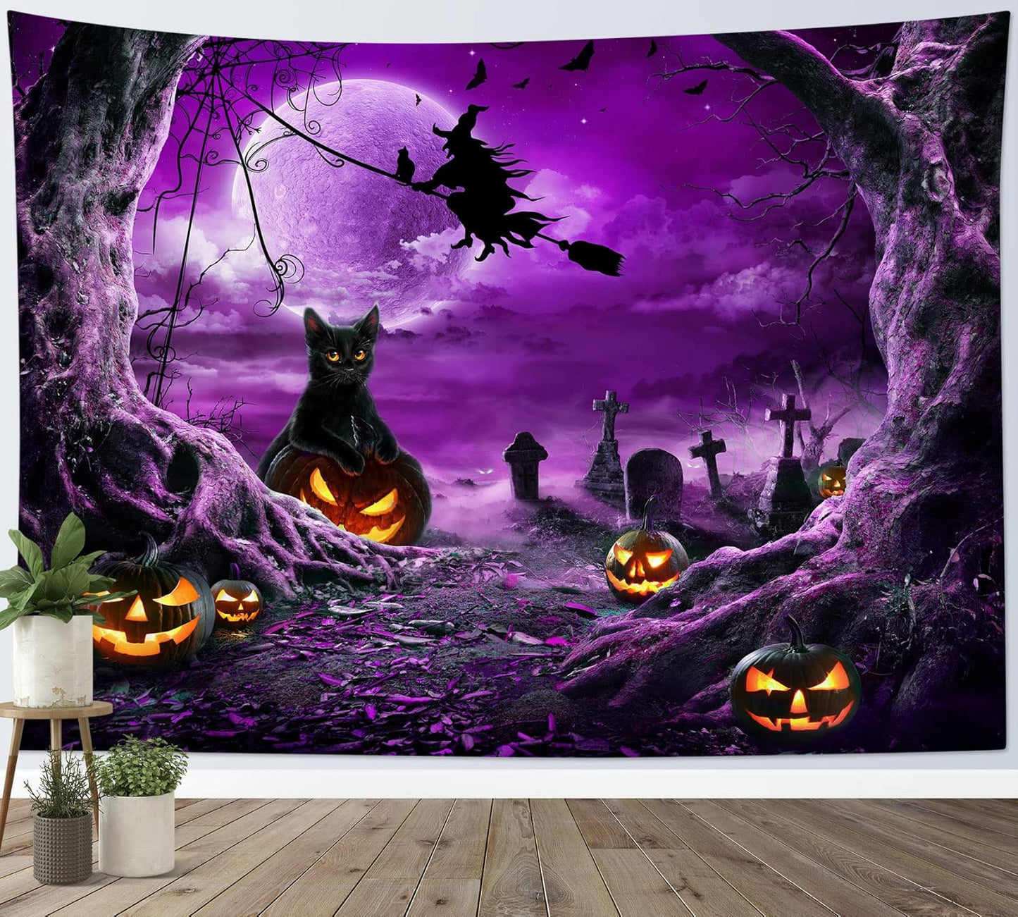 LB Halloween Tapestry Horror Witch Cat and Dead Tree Pumpkin Lights with Spooky Graveyard Tapestry Wall Hanging Purple Full Moon over Misty Forest Wall Decor for Bedroom Living Room Dorm 60x40 Inches