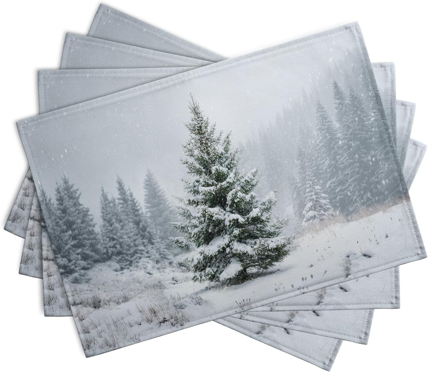 Winter Placemats Set of 4, 12x18 Inch Christmas Pine Tree Snowflake Linen Table Mats Seasonal Washable Farmhouse Place Mats for Kitchen Dining Xmas Holiday Party Decor