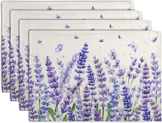 Lavender Placemats Set of 4 Purple Flower Butterfly Linen Fabric Table Mats Seasonal Spring Summer Rustic Floral Placemat Farmhouse Decorative Washable Place Mats for Home Kitchen Dining Table