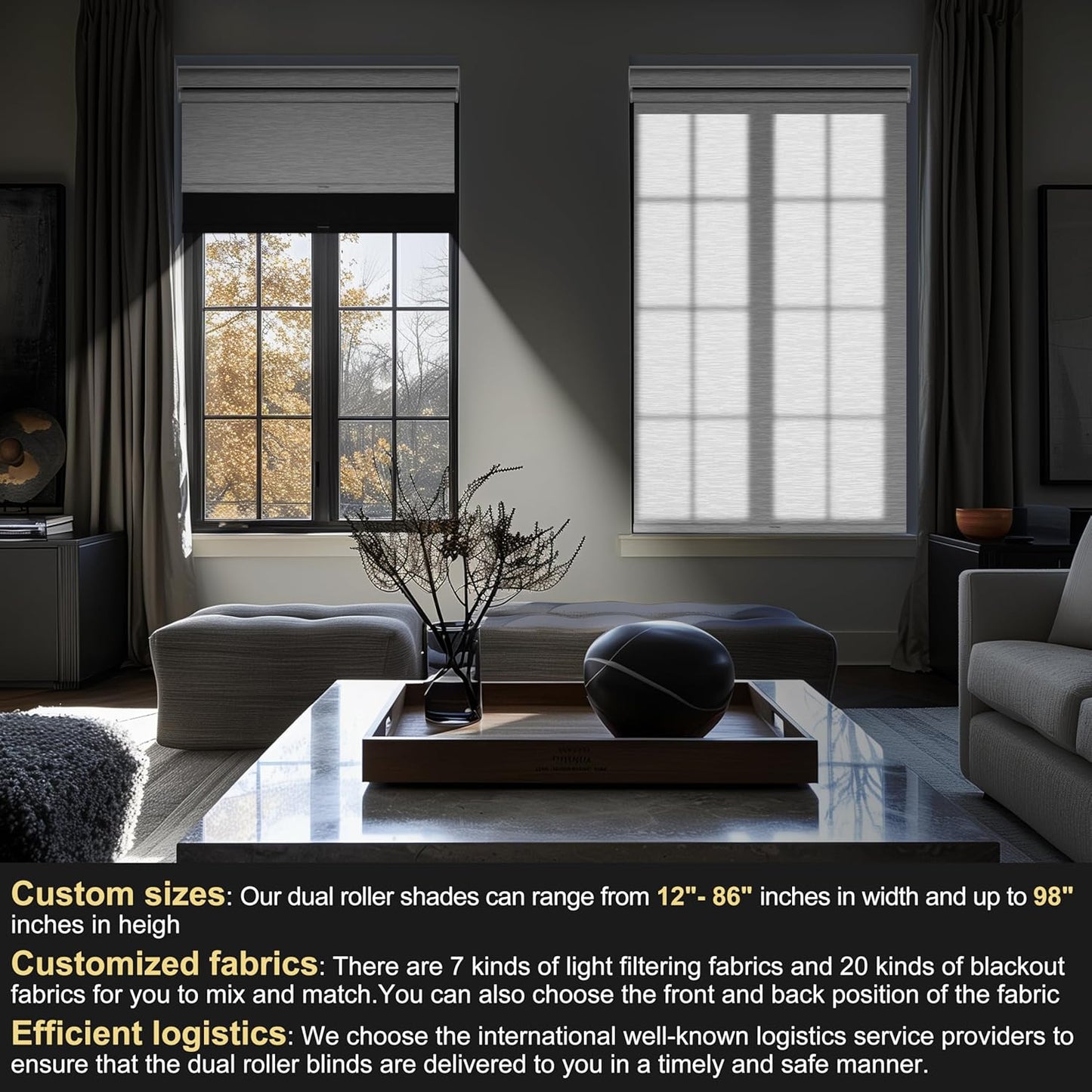 BERISSA Cordless Dual Roller Shades with Cassette Valance, Double Window Shades - Blackout and Light Filtering, Day and Night for Home Office Door. Linen Black and White. 41 W x 86" H