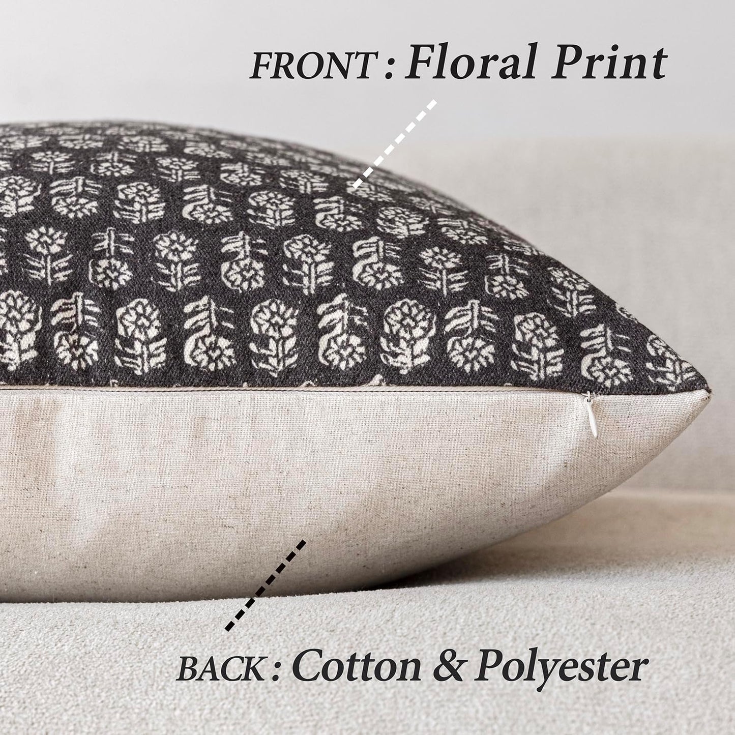 Foindtower Set of 2 Decorative Neutral Floral Print Throw Pillow Covers Vintage Accent Farmhouse Cushion Covers Boho Home Decor for Sofa Couch Chair Bedroom Living Room Outdoor,18×18 Inch,Black