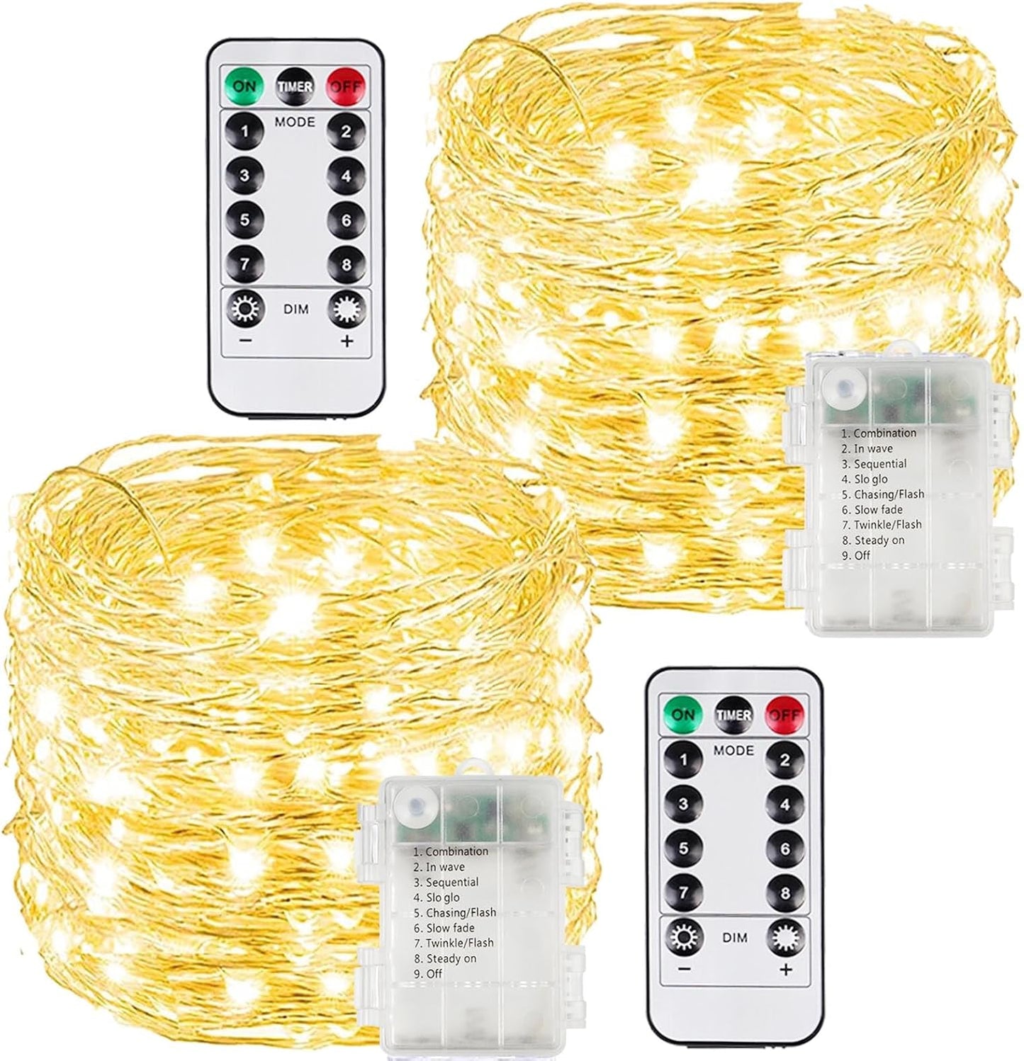 2 Pack 200LED Battery Operated Fairy Lights with Remote, 8 Modes LED String Lights with Timer, Dimmable, Memory Function, Waterproof Twinkle Lights for Outdoor Indoor Christmas Decor(Warm White)