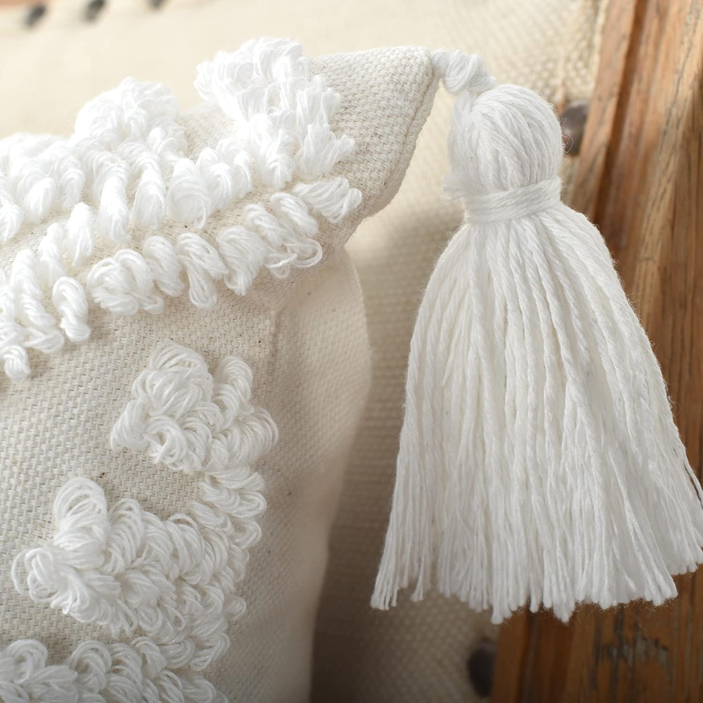 Boho Style Sofa Throw Pillow Covers – Exquisitely Crafted with Hand-Finished Tuft with Thick Cotton Tassel Details – Soft & Stylish Moroccan Decorative, 20x20inch (Spring Ruched)