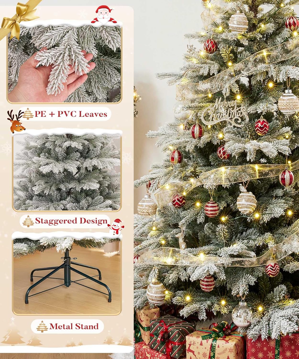 Decoway 5ft Artificial Christmas Tree, Unlit Snow Flocked Xmas Tree with 1081 Branch Tips and Sturdy Metal Stand for Indoor Outdoor Home Decoration