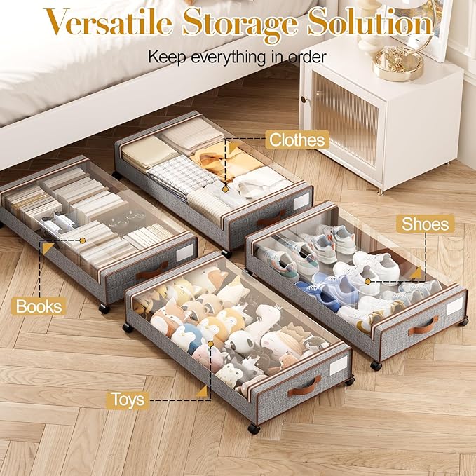 Yecaye Under Bed Storage with Wheels, 2 Pack Under Bed Storage Containers with Clear Lids & Label, XXL Large Lapacity Rolling Under Bed Drawers for Clothes, Shoes, Blankets