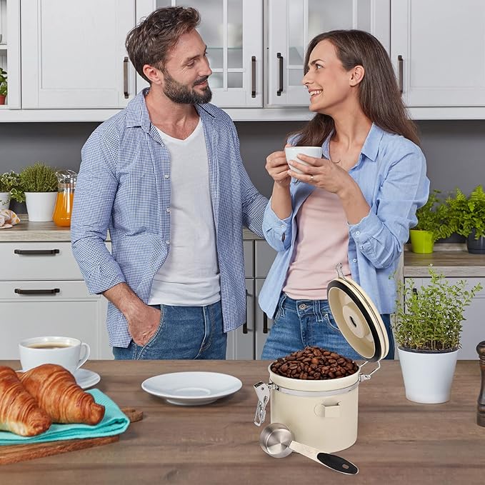 ShanSon Coffee Canister Airtight Coffee Container Stainless Steel Coffee Bean Storage Container with Scoop Coffee Canister for Beans Grounds Sugar Flour Tea Cereal,16OZ, Beige