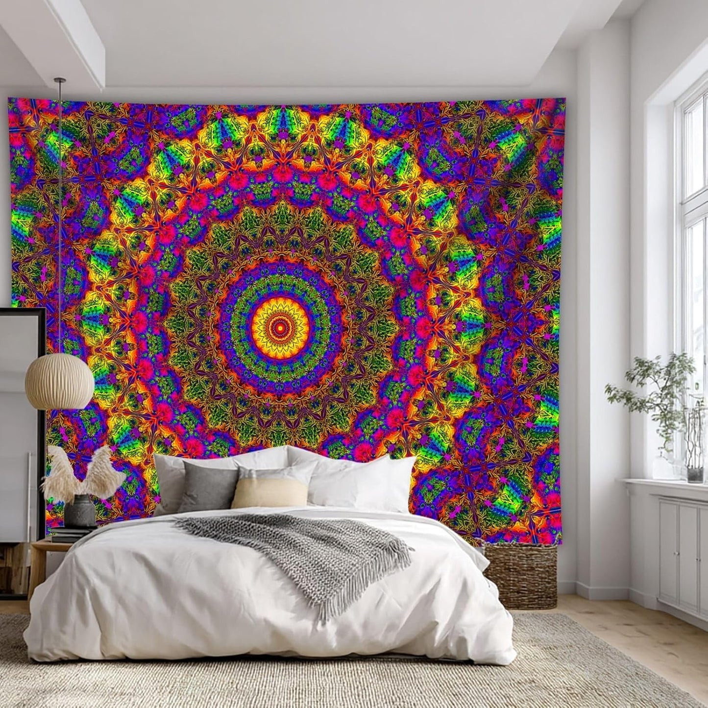PSYHILAR Blacklight Mandala Boho Tapestry, Black Light Bohemian Hippie Poster for Adults and Teens, Aesthetic Colorful UV Reactive Wall Art Decor for Bedroom (60 x 50 Inches)