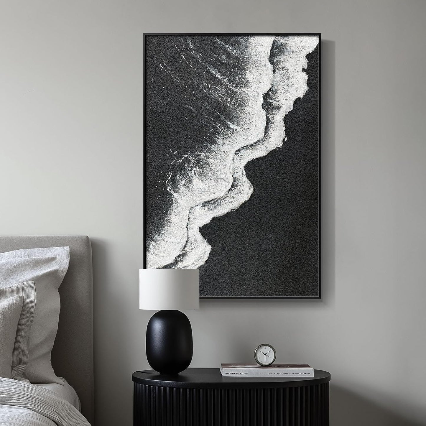 Framed Black and White Abstract Beach Canvas Wall Art, Modern Minimalist Art Prints Paintings Artwork for Walls, Ocean Wave Pictures for Living Room Dining Room Bedroom Bathroom Wall Decor 24x36 In