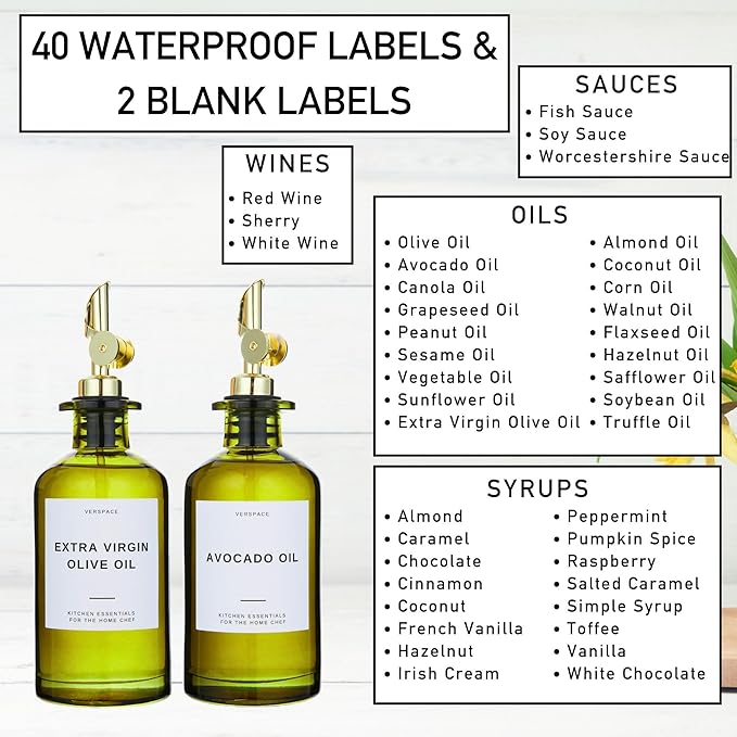 Green Glass Olive Oil Dispenser Bottle For Kitchen By Verpsace,Avocado Oil Dispenser Set, Modern Decor, Gold Kitchen Accessories for Home, Airbnb, Cafe (Gold, Set of 2)