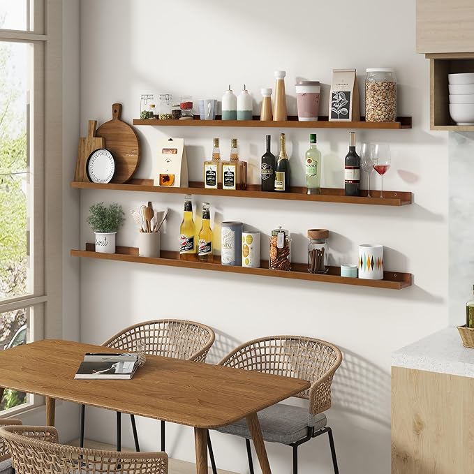 Picture Ledge Shelf, Floating Shelves Set of 2, Solid Pine Wood 72'' Long Large Nursery Book Shelves for Toys Storage, Kids Bookshelf for Living Room Bedroom Decor Books Photo Frames, Walnut