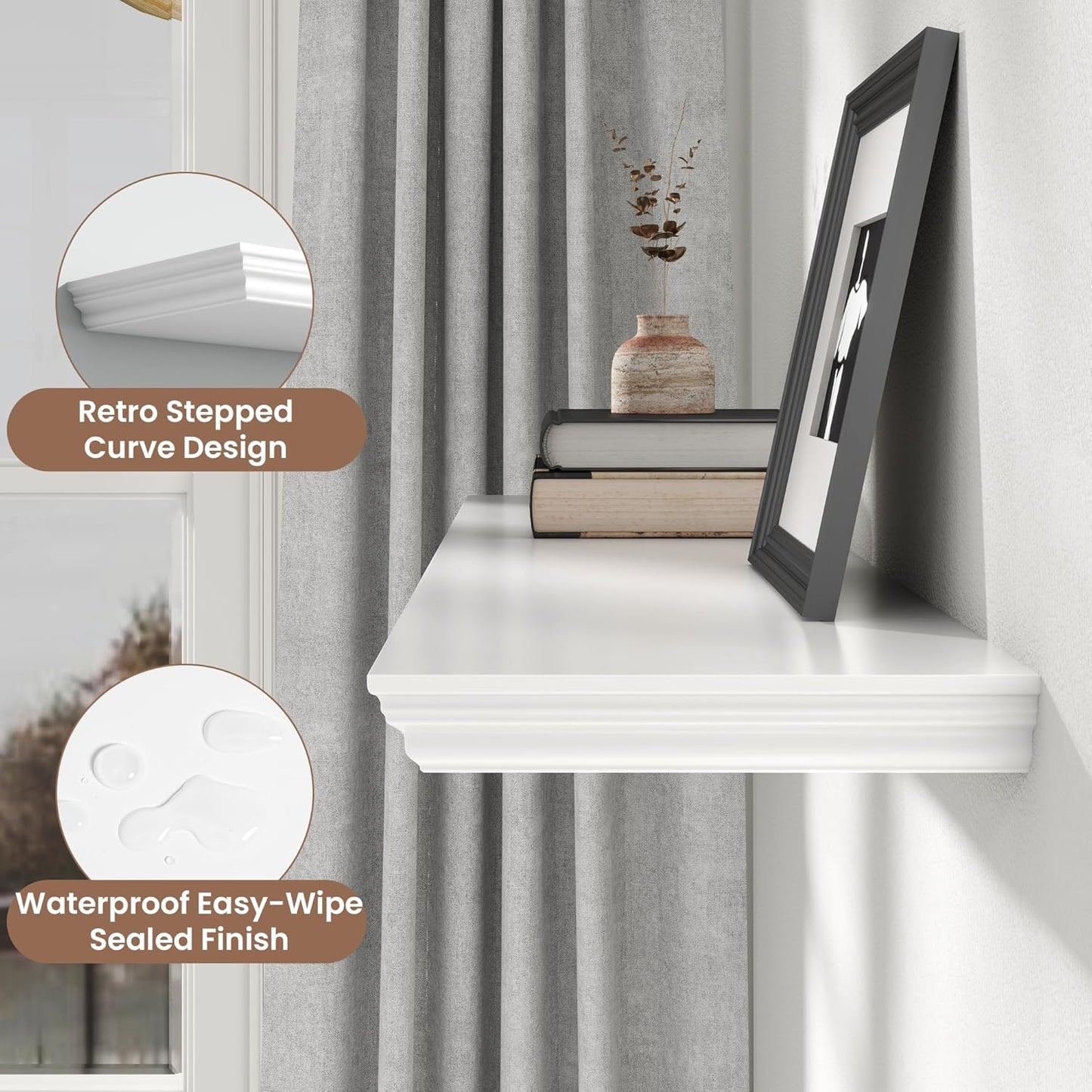 Floating Shelves for Wall, 55 Inch Long Wall Mounted White Hanging Shelf for Kitchen, Living Room, Office, Bedroom, Bathroom, Retro Vintage Wood Bookshelf for House Decor