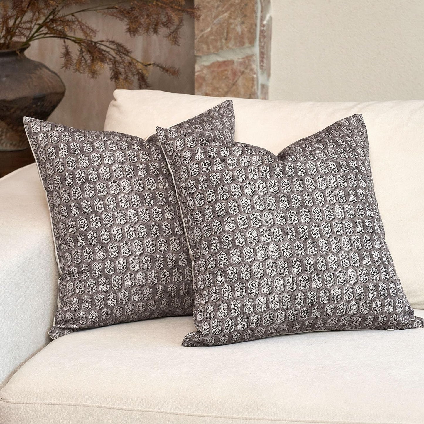 DOMVITUS Floral Pillow Covers Set of 2, Throw Pillow Covers 20x20, Floral Print Neutral Accent Decorative Pillow Covers for Living Room, Bed, Light Taupe