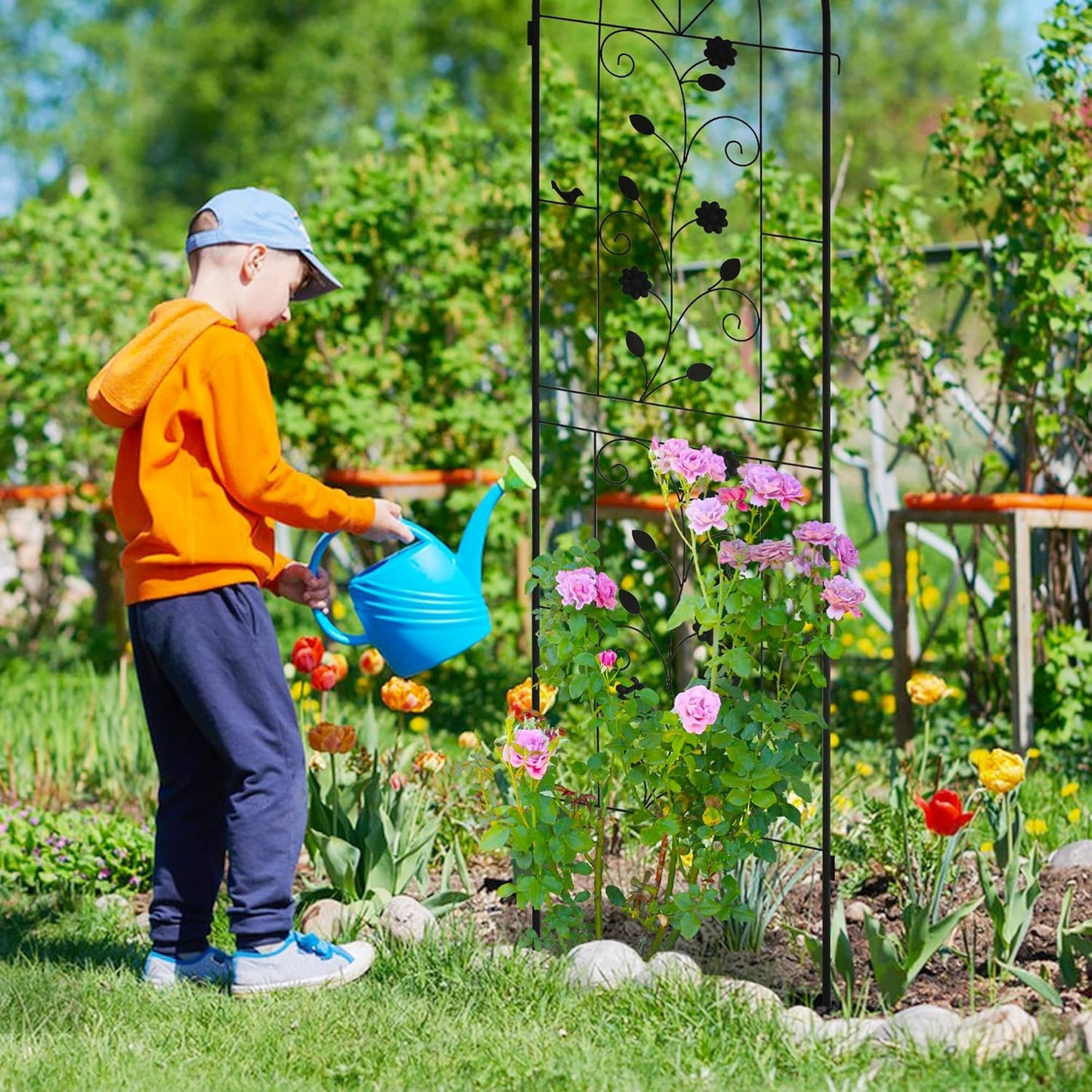 LZRS 4 Pack Rustic Iron Arch Decoration Garden Trellis with Black Metal Coating – Perfect for Supporting Climbing Plants Outdoor, Roses, Vines, Flowers, and Vegetables.