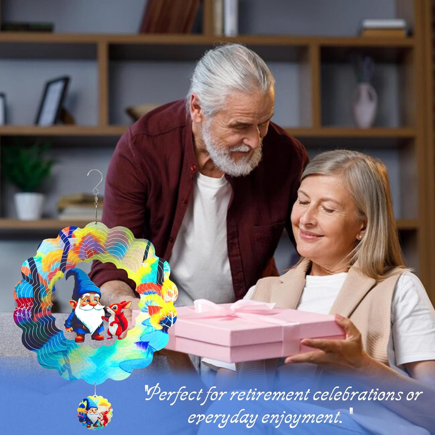 Gnomes Hanging Wind Spinners,12 Inch 3D Garden Spinner Kinetic Art Garden Decorations，Stainless Steel Reflective Wind Spinners for Yard