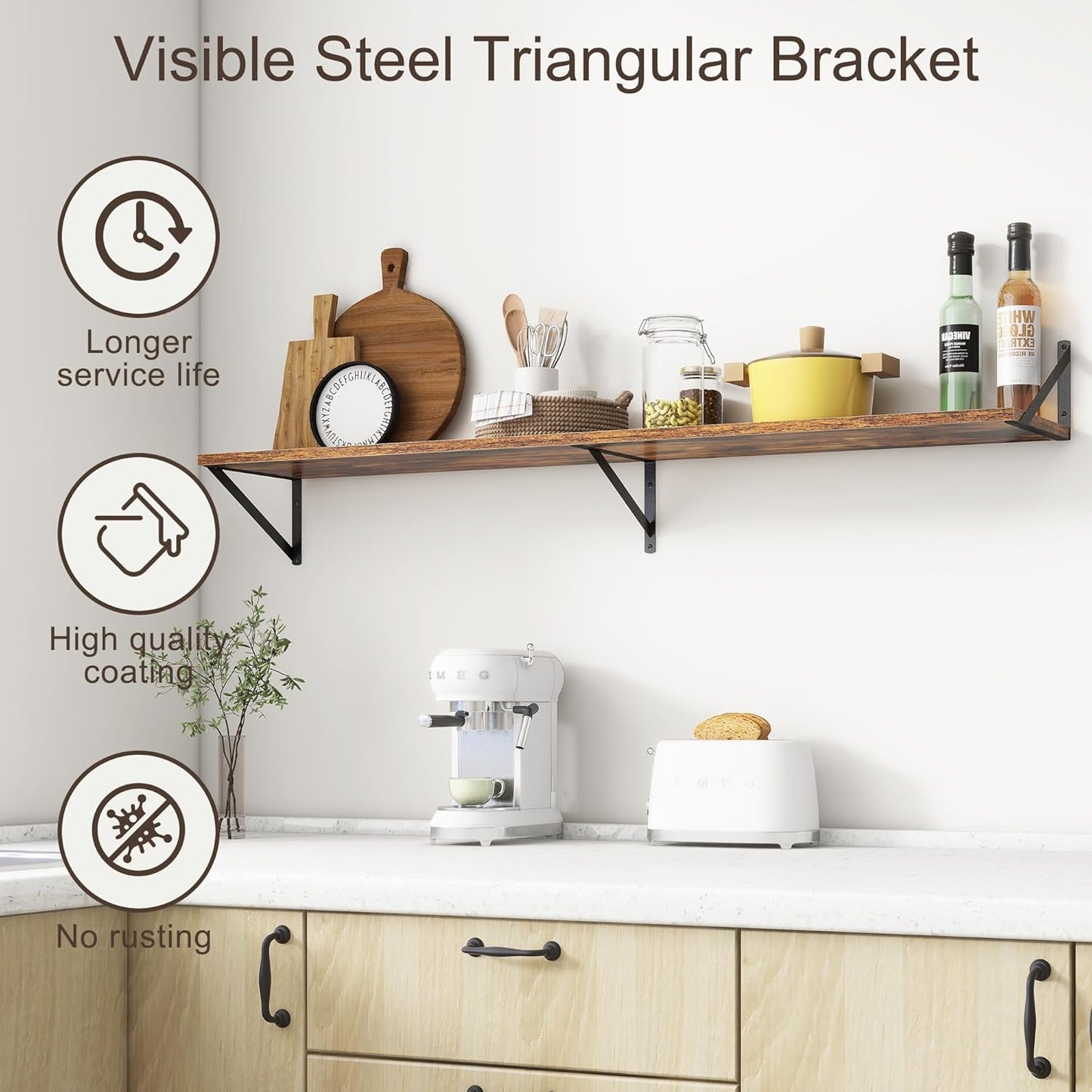 Floating Shelves 55 Inch Long, 10" Deep Floating Shelves, Wall Shelves 55 x 10, Set of 2, Wide Large Display Storage Shelves for Bathroom, Living Room, Rustic Wood Shelves with Brackets, Rustic Brown