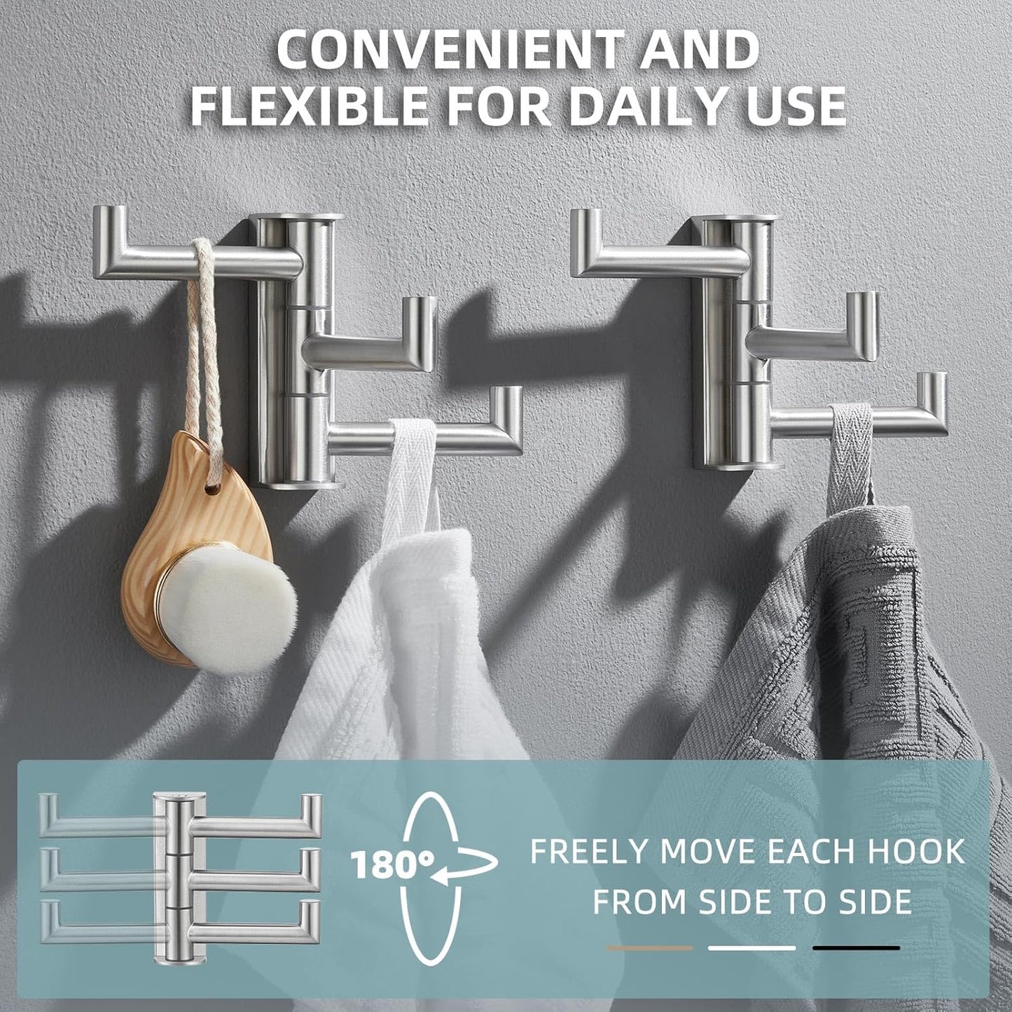 Angle Simple Swivel Towel Hooks, SUS 304 Stainless Steel Foldable Robe Hand Towel Holder for Bathroom Kitchen Wall, Brushed Nickel, 2 Pack