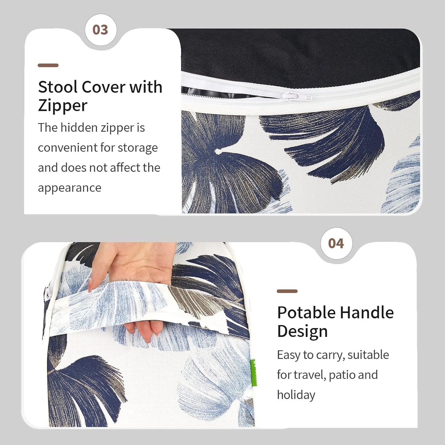 Inflatable Ottoman Stool D21 xH9 for Outdoor/Indoor Use, Water Repellent Patio Foot Rest Stool with Portable Handle,Round Pouf Ottoman Suitable for Garden,Deck and Camping - Monstera Blue