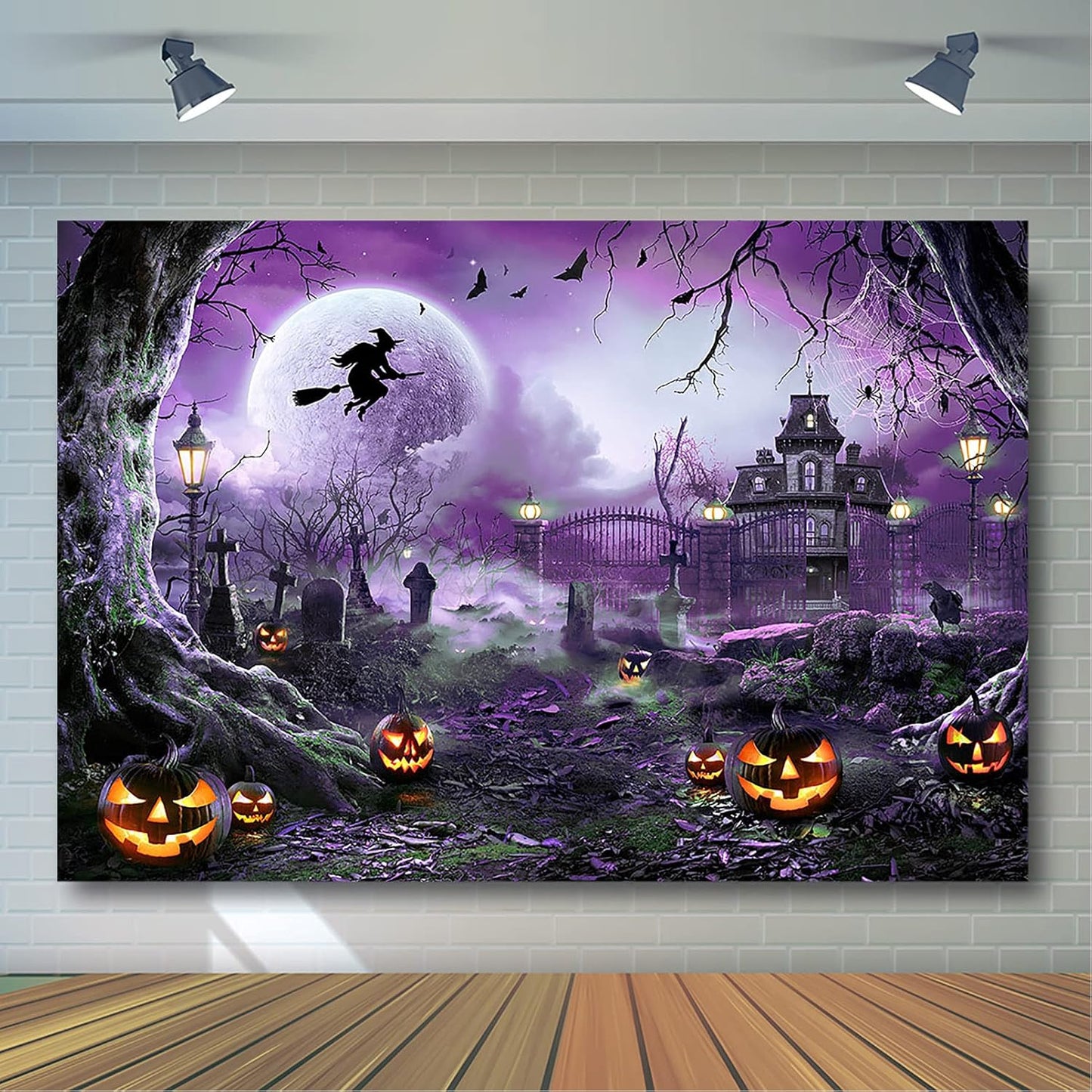 Avezano Halloween Photography Backdrop Full Moon Scary Night Castle Pumpkins Party Background Spooky Witch Bats Cemetery Child Kids Halloween Party Decorations Photoshoot Backdrops (10x7ft, Purple)