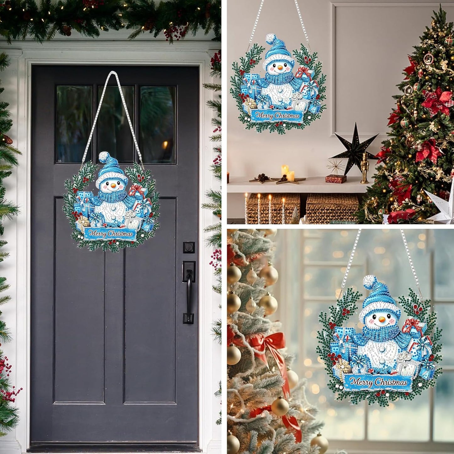 MEIYUDA Christmas Hanging Diamond Art Kits for Adult, Snowman Wreath Diamond Painting Hanging Kits Ornaments, DIY Special Shaped Rhinestone Window Pendants kit for Home Garden Wall Decor Gift